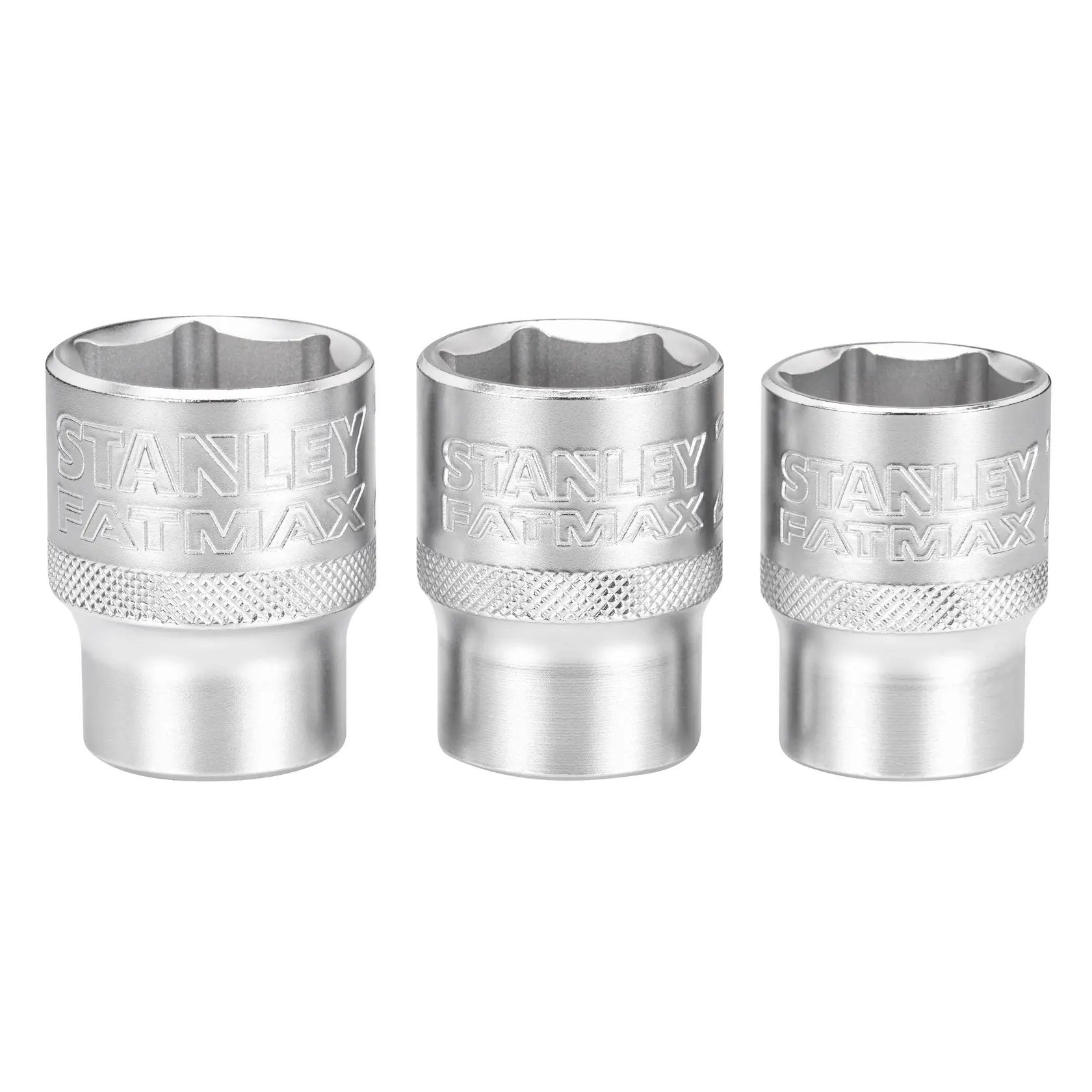 Three STANLEY FATMAX metal socket wrenches are shown standing upright side by side.