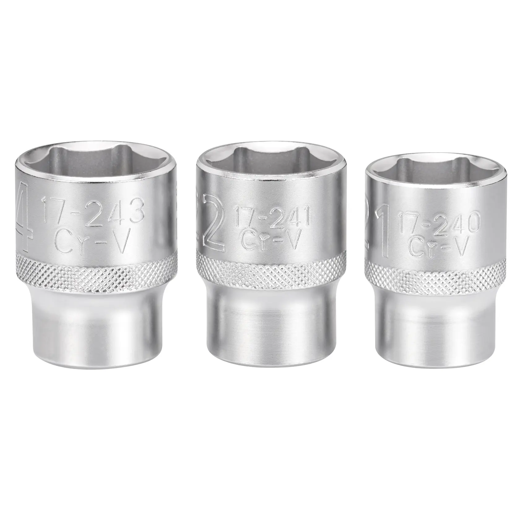 Three silver Stanley socket wrenches, each with knurled grip and engraved size numbers, shown standing upright.