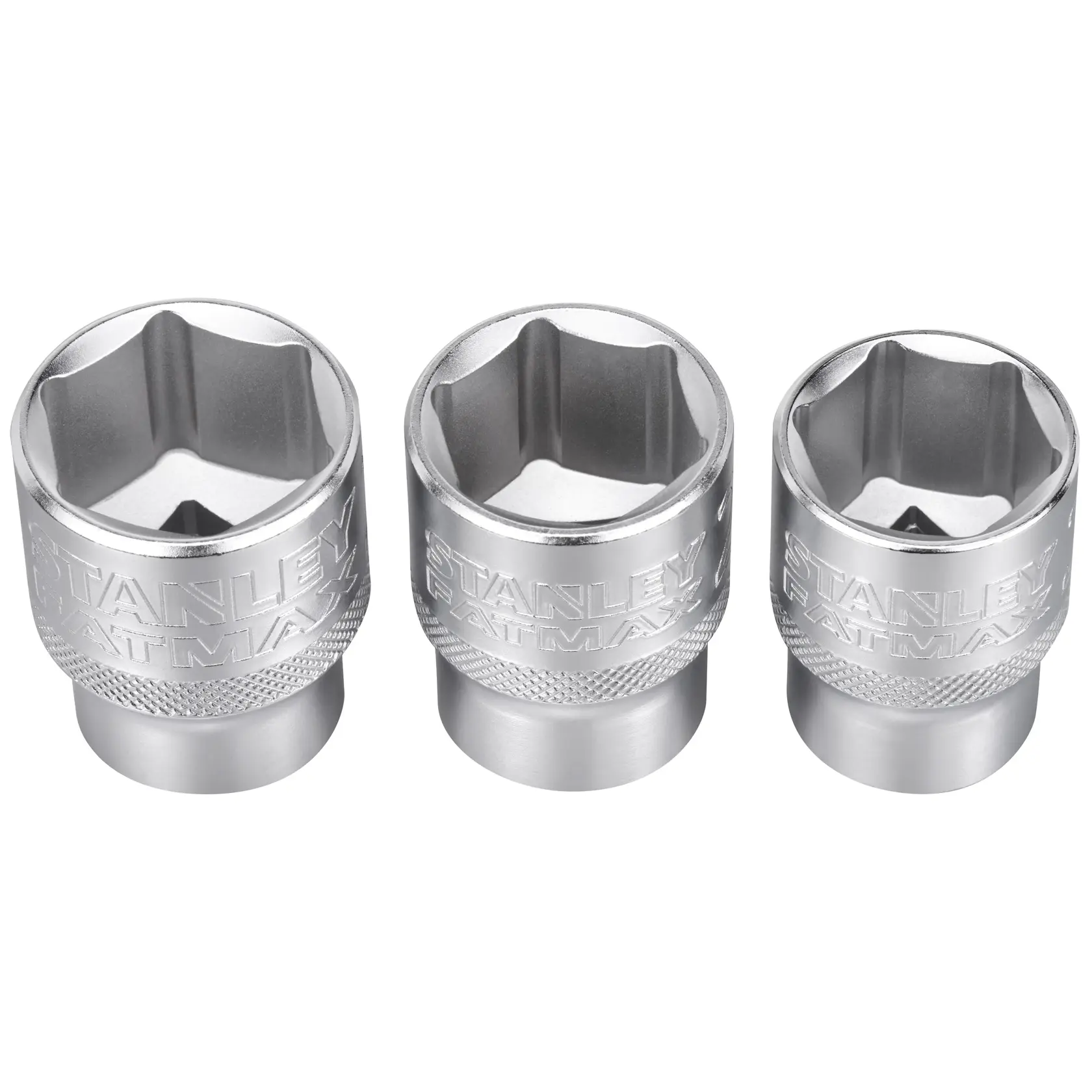 Three silver Stanley FatMax socket wrench heads arranged side by side against a white background.