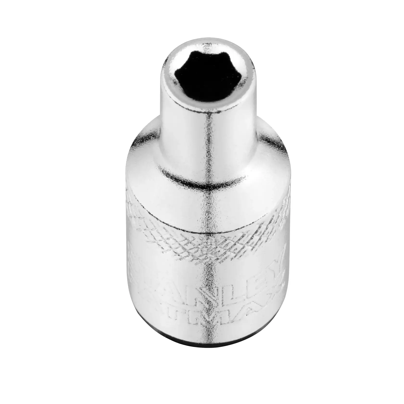STANLEY FMMT17185-0 chrome socket bit, side angle on white background.