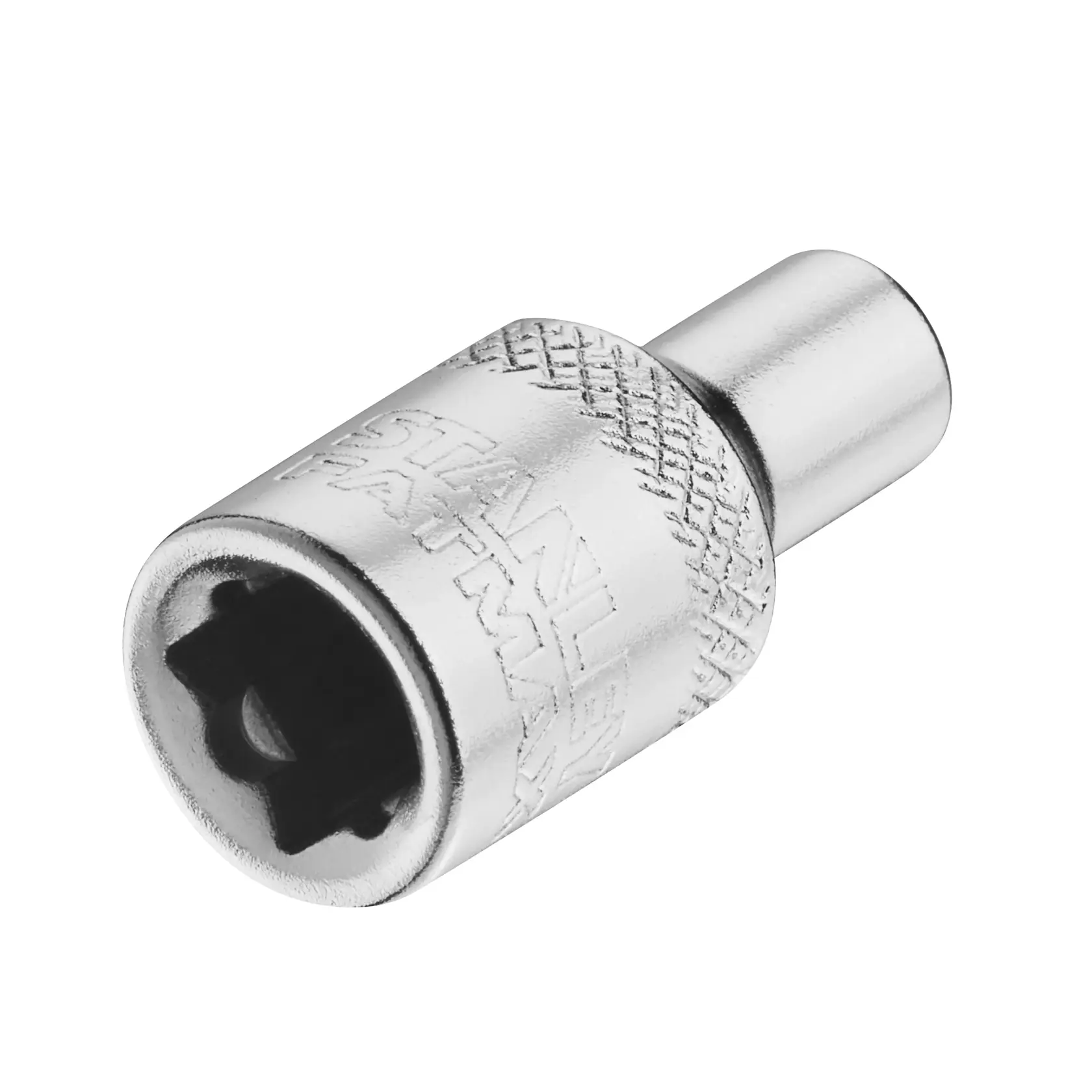 STANLEY FMMT17185-0 silver socket bit, close-up photo, knurled grip, white background.