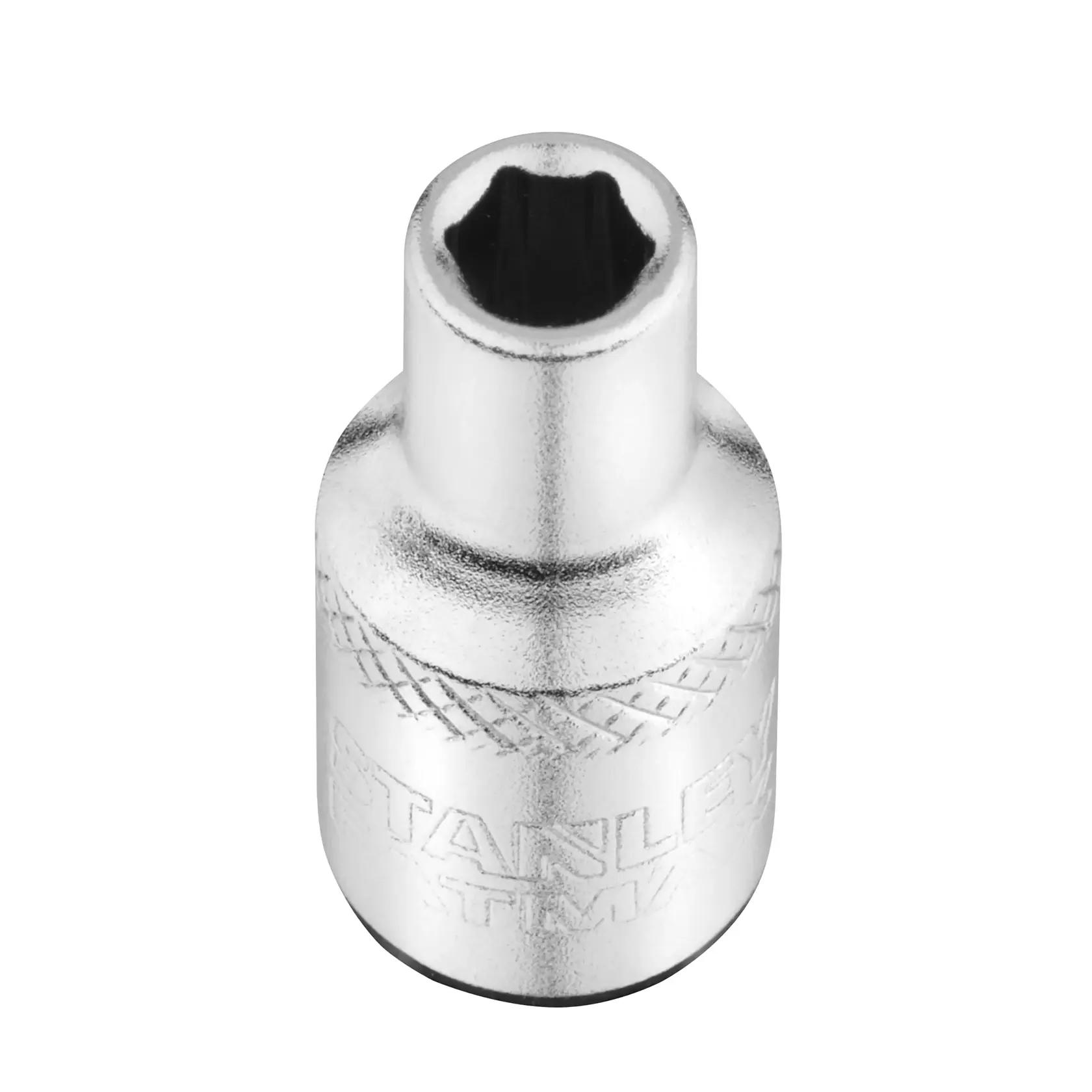 STANLEY FMMT17186-0 chrome socket, top angle, knurled grip, photography with white background.