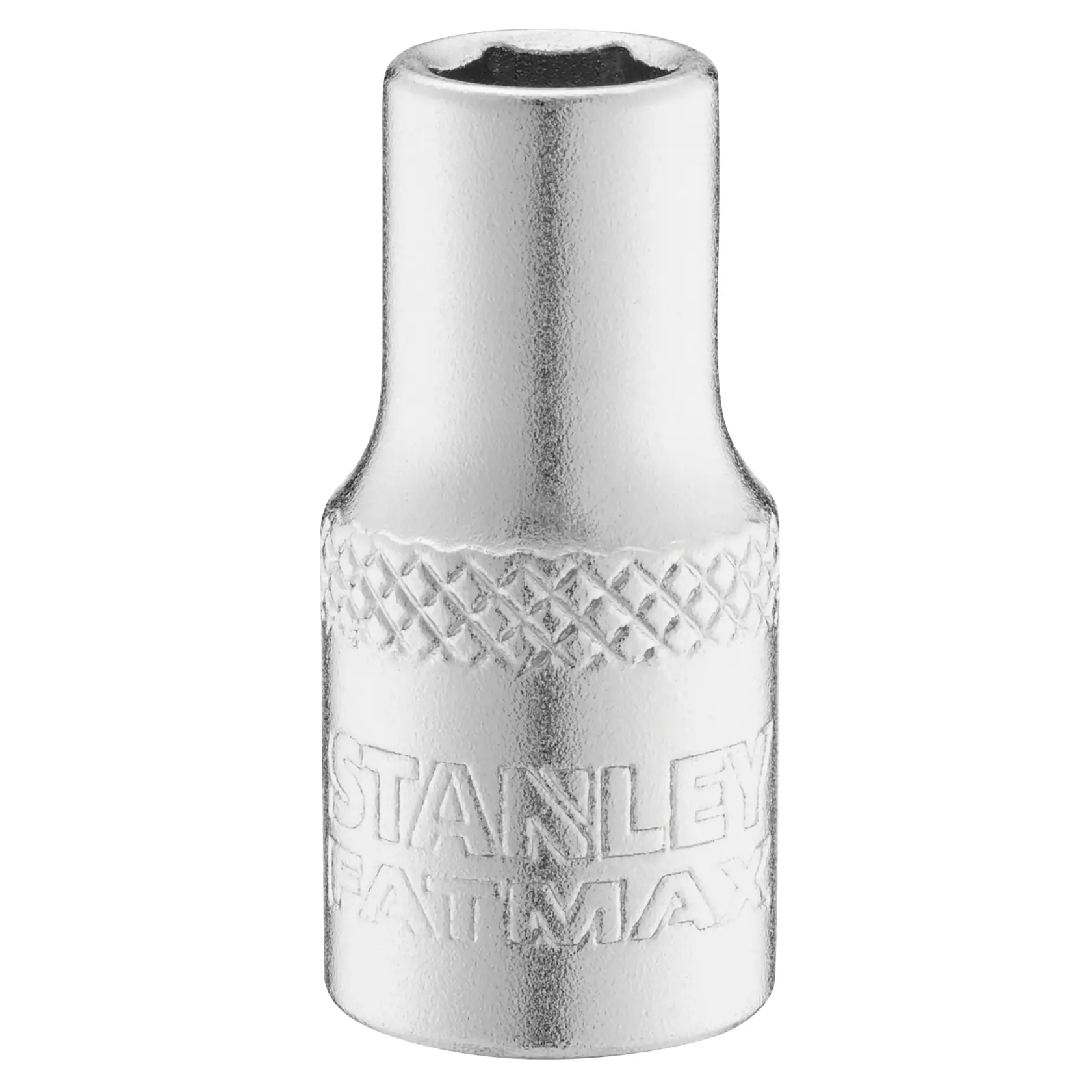 Photo of STANLEY FMMT17190-0 socket, silver finish, embossed logo, photography of tool on white background, front angle.