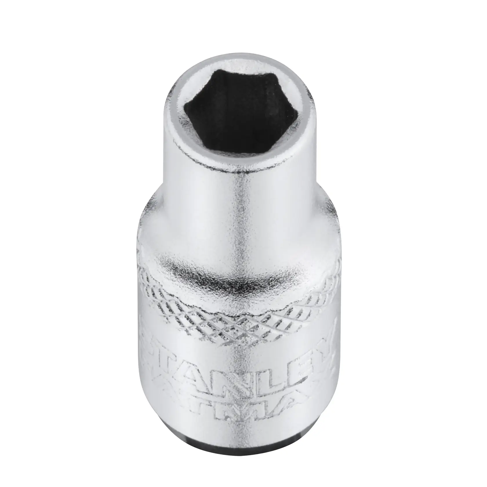 STANLEY FMMT17190-0 chrome socket, top view, shows knurled grip and hex opening, white background.