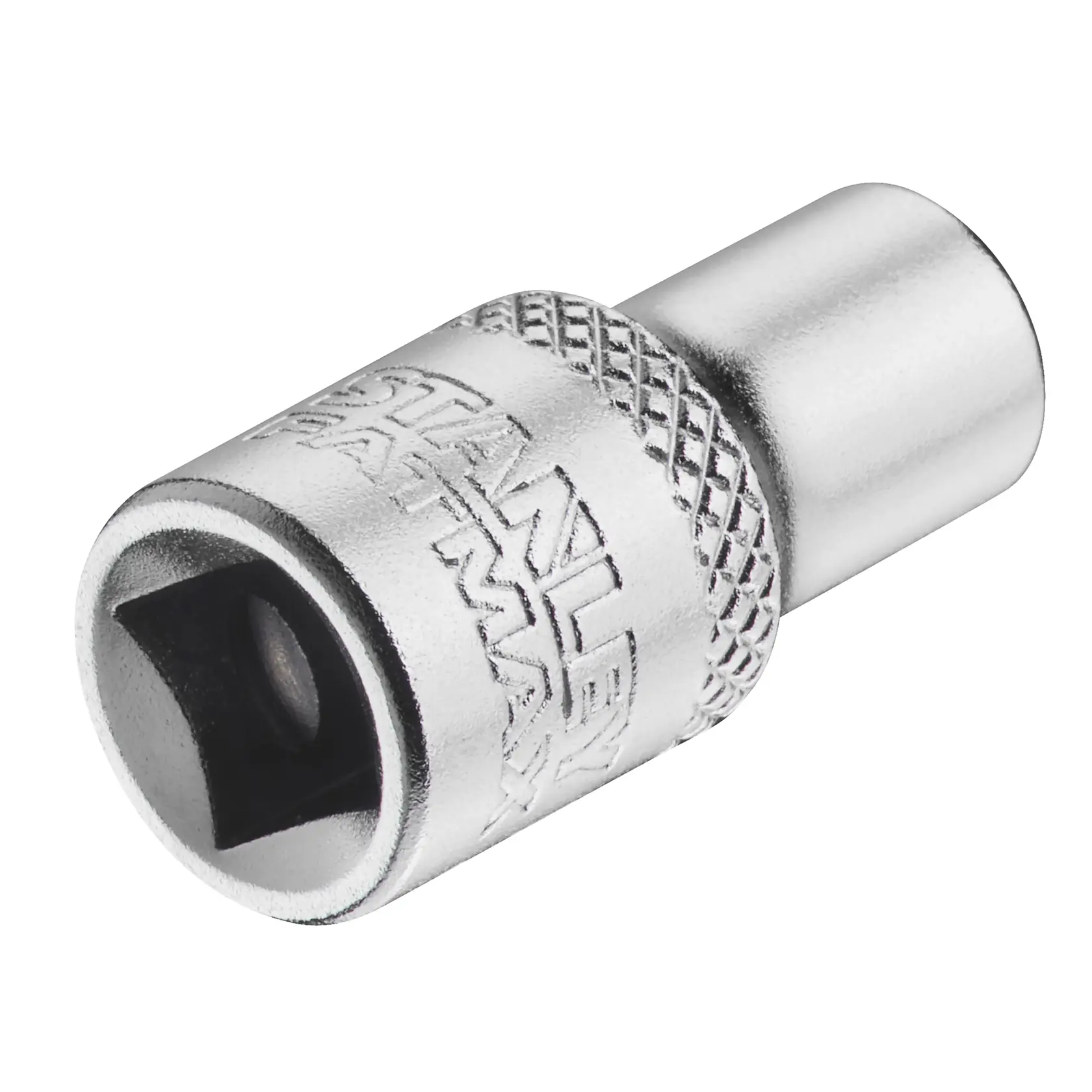 STANLEY FMMT17190-0 chrome socket adapter with knurled grip, photography on white background.