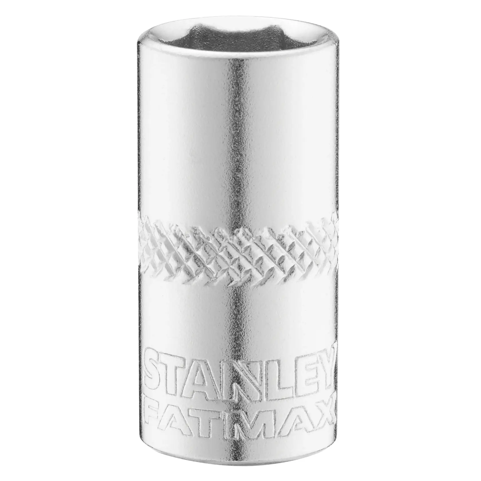 Photo of STANLEY FMMT17193-0 chrome socket, cylinder shape, knurled grip, front angle, tool accessory.