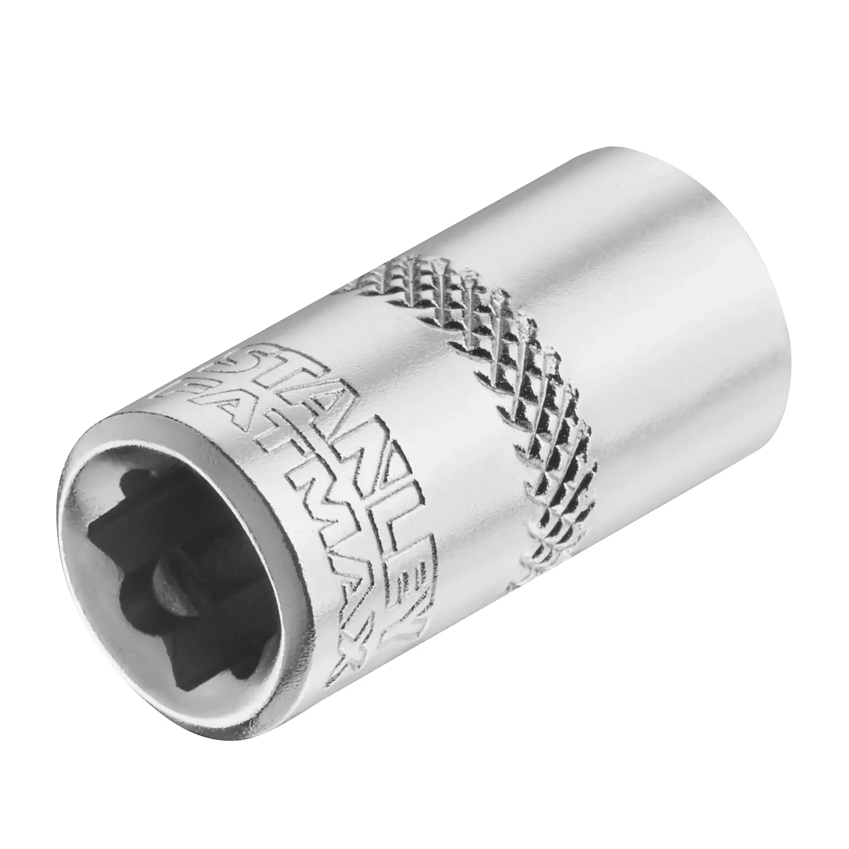STANLEY FMMT17193-0 chrome socket, knurled grip, product photography on white background.
