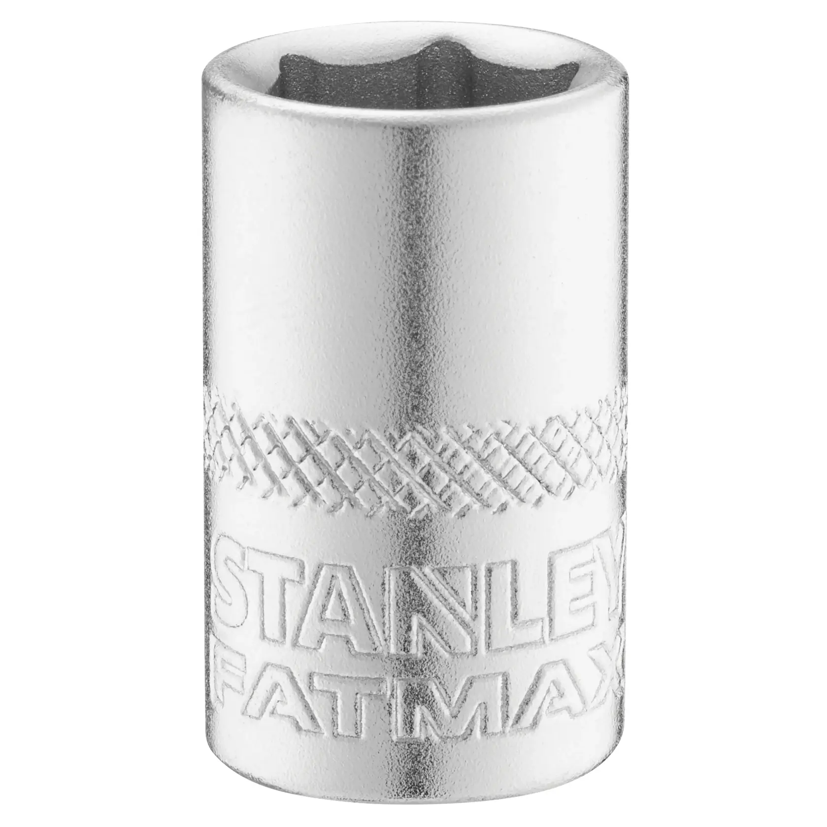 STANLEY FMMT17195-0 chrome socket tool with knurled grip, front angle, white background.