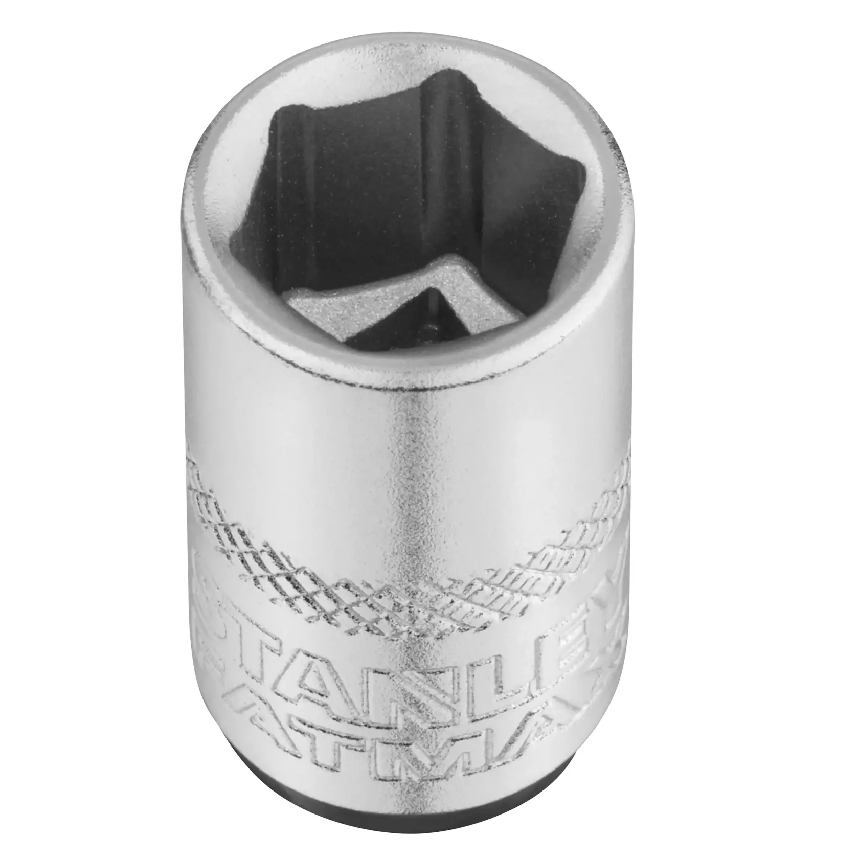 STANLEY FMMT17195-0 chrome socket, hexagonal design, close-up on white background.