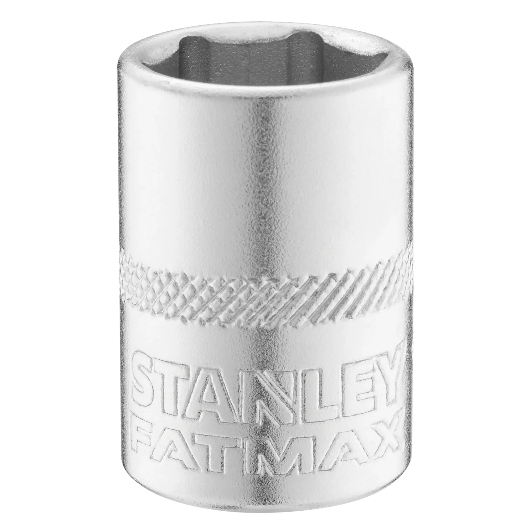 STANLEY FMMT17197-0 chrome socket with knurled grip, close-up on white background.