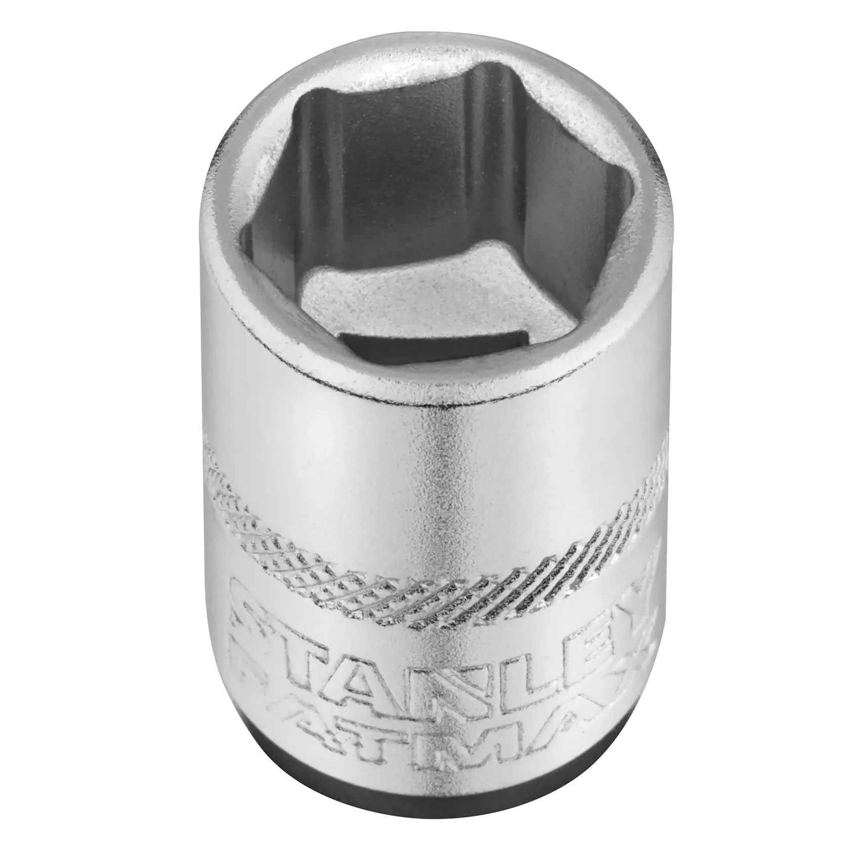 Photo of STANLEY FMMT17197-0 chrome socket, knurled grip, shown at angle on white background, socket category.