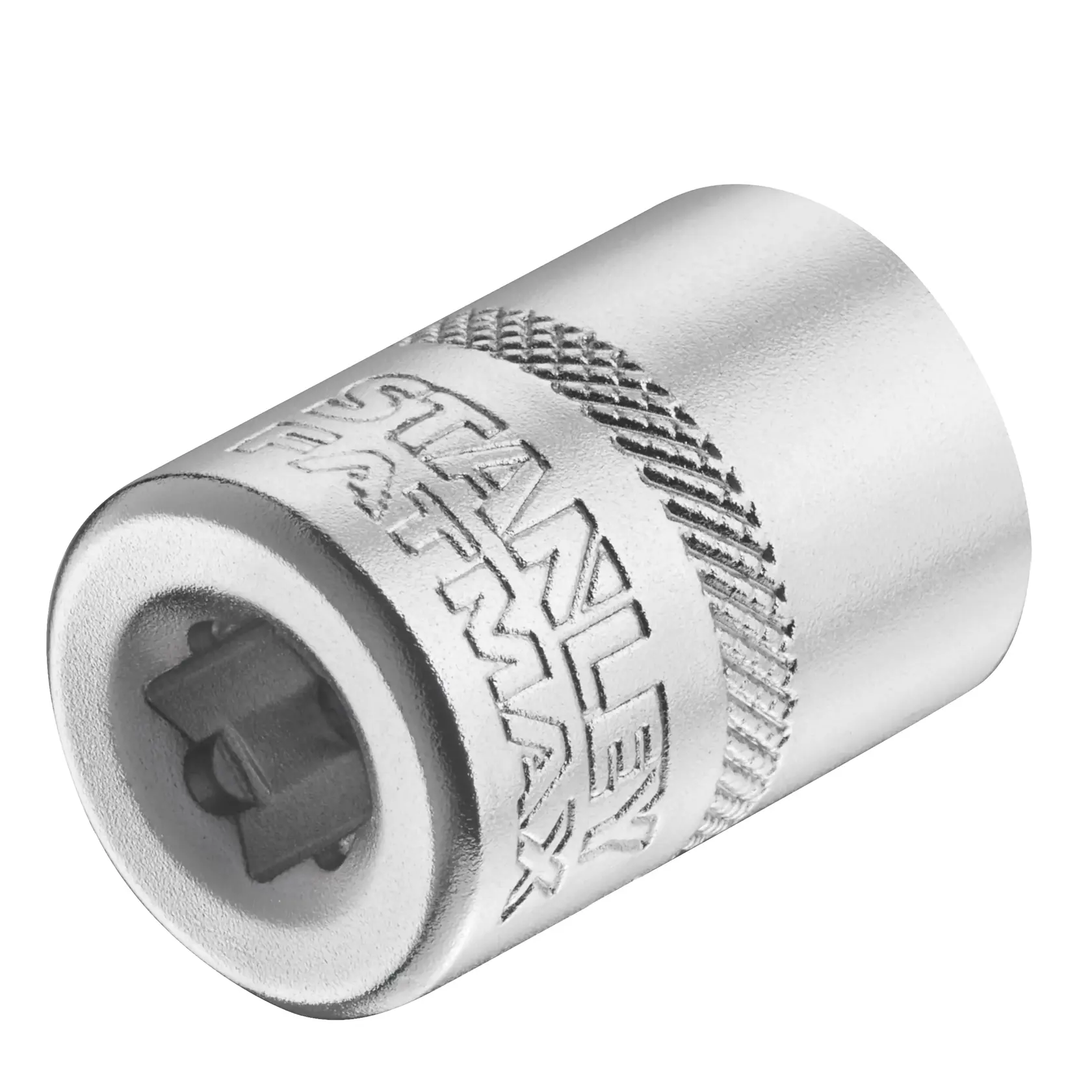 STANLEY FMMT17197-0 chrome socket adapter, cylindrical with knurled grip, close-up on white background.