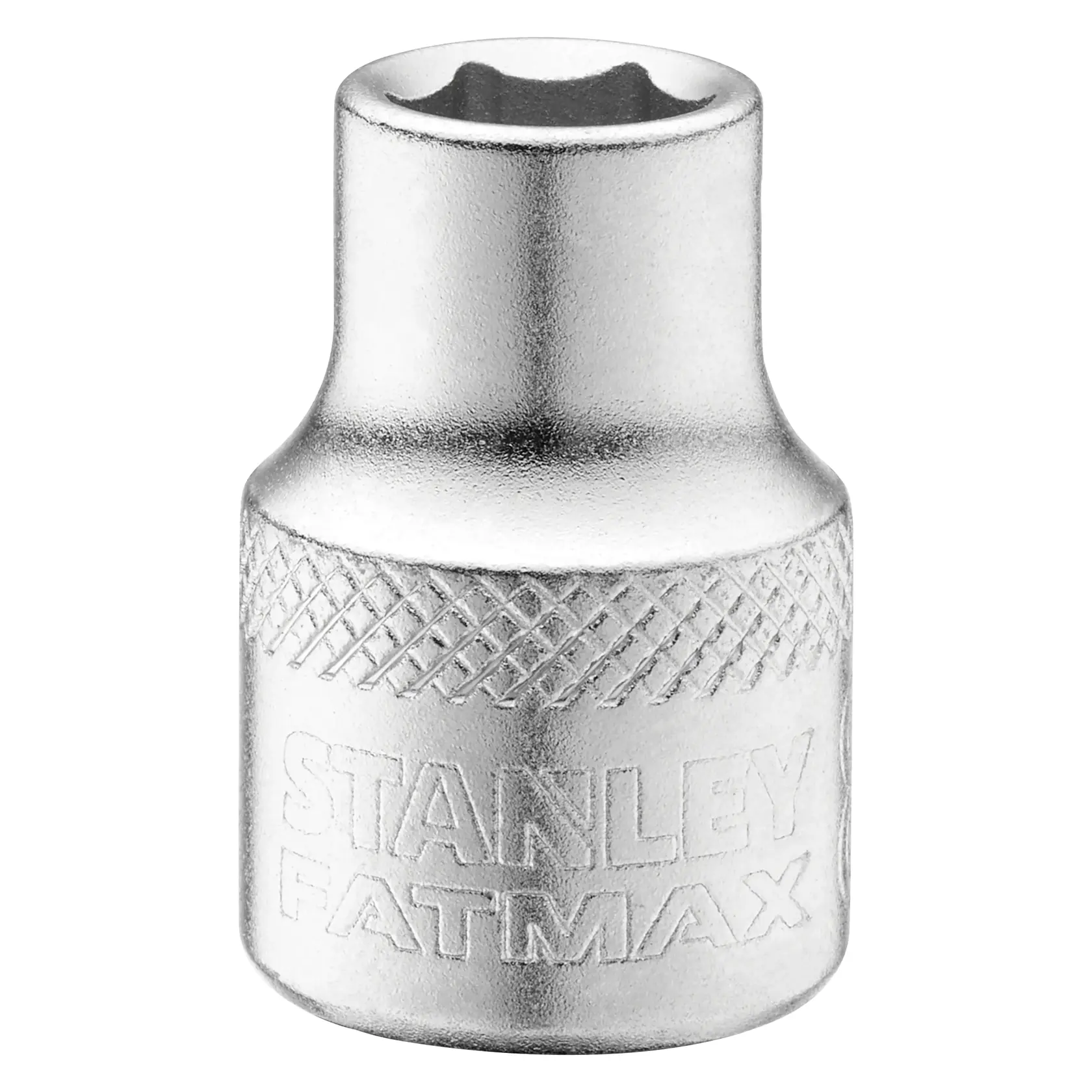 Photo of STANLEY socket, SKU FMMT17208-0, silver metal finish, knurled grip, front angle on white background.