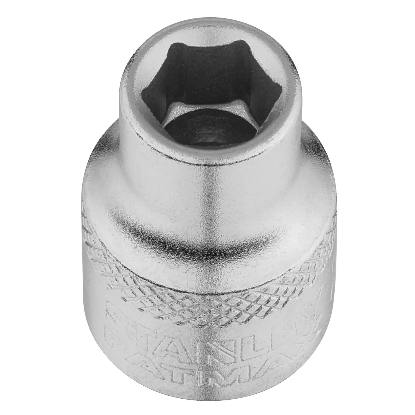 STANLEY FMMT17208-0 chrome socket, top angle, compact design with knurled grip, white background.