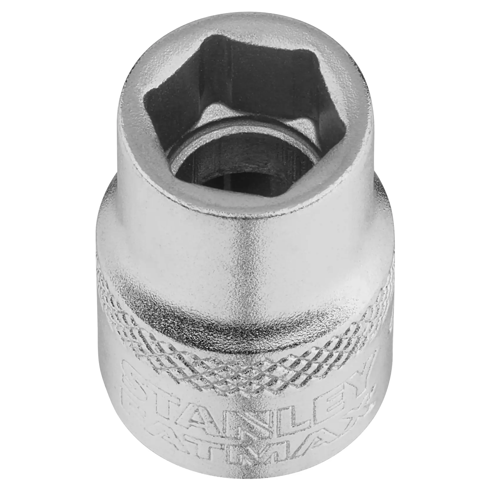 STANLEY FMMT17210-0 chrome socket, hexagonal, tool accessory, top angle, white background.