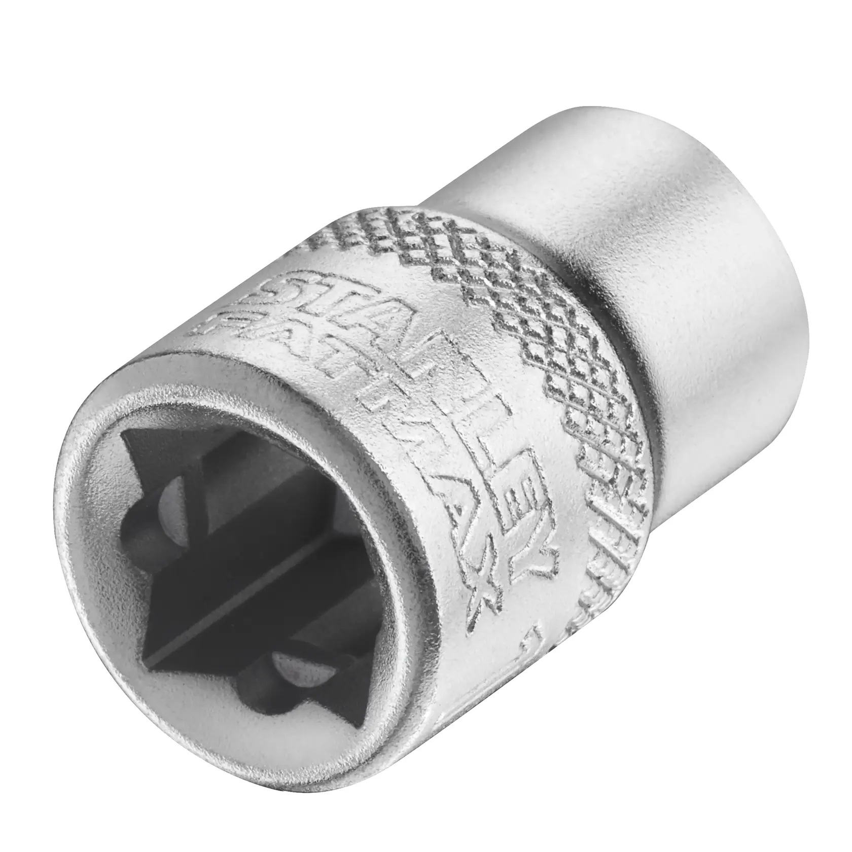 Photo of STANLEY FMMT17210-0 chrome socket bit with knurled grip, angled view, tool accessory category.