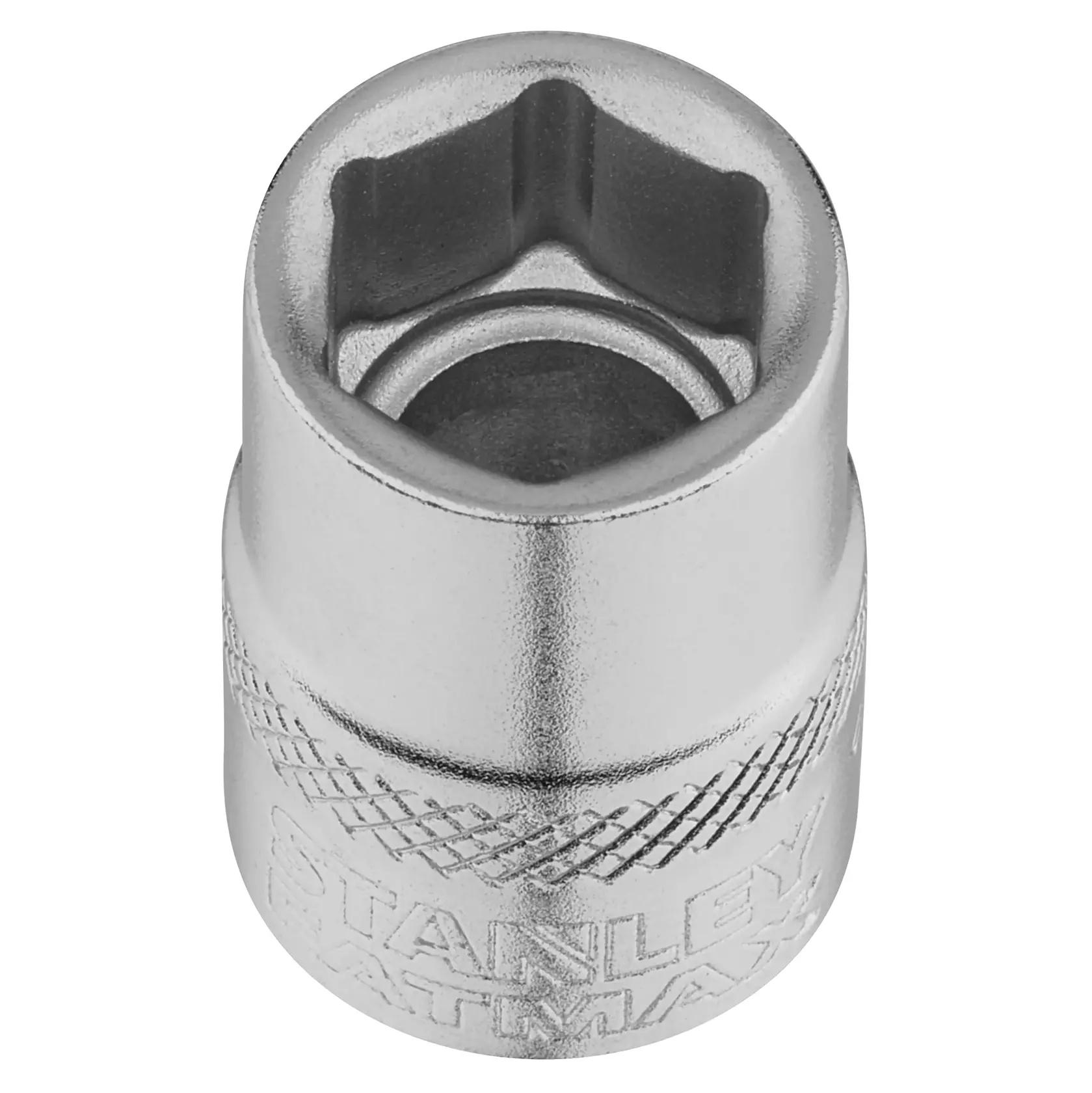 STANLEY FMMT17211-0 chrome socket, six-point design, top angle, knurled grip, tool accessory.