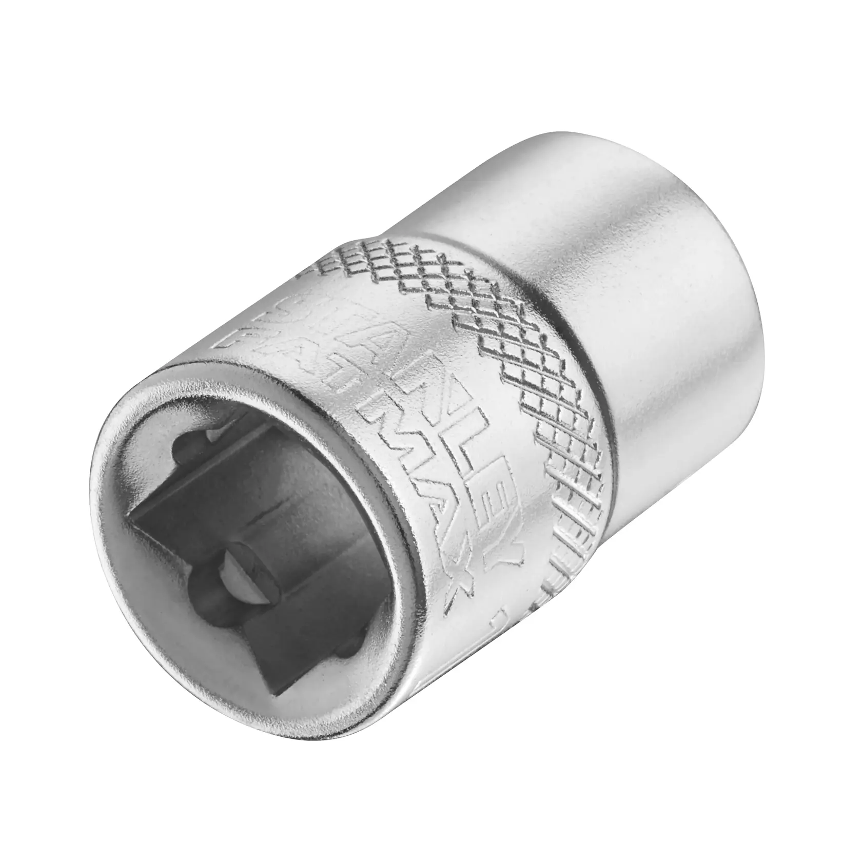 Photo of STANLEY FMMT17211-0 chrome socket with knurled grip, product photography on white background.