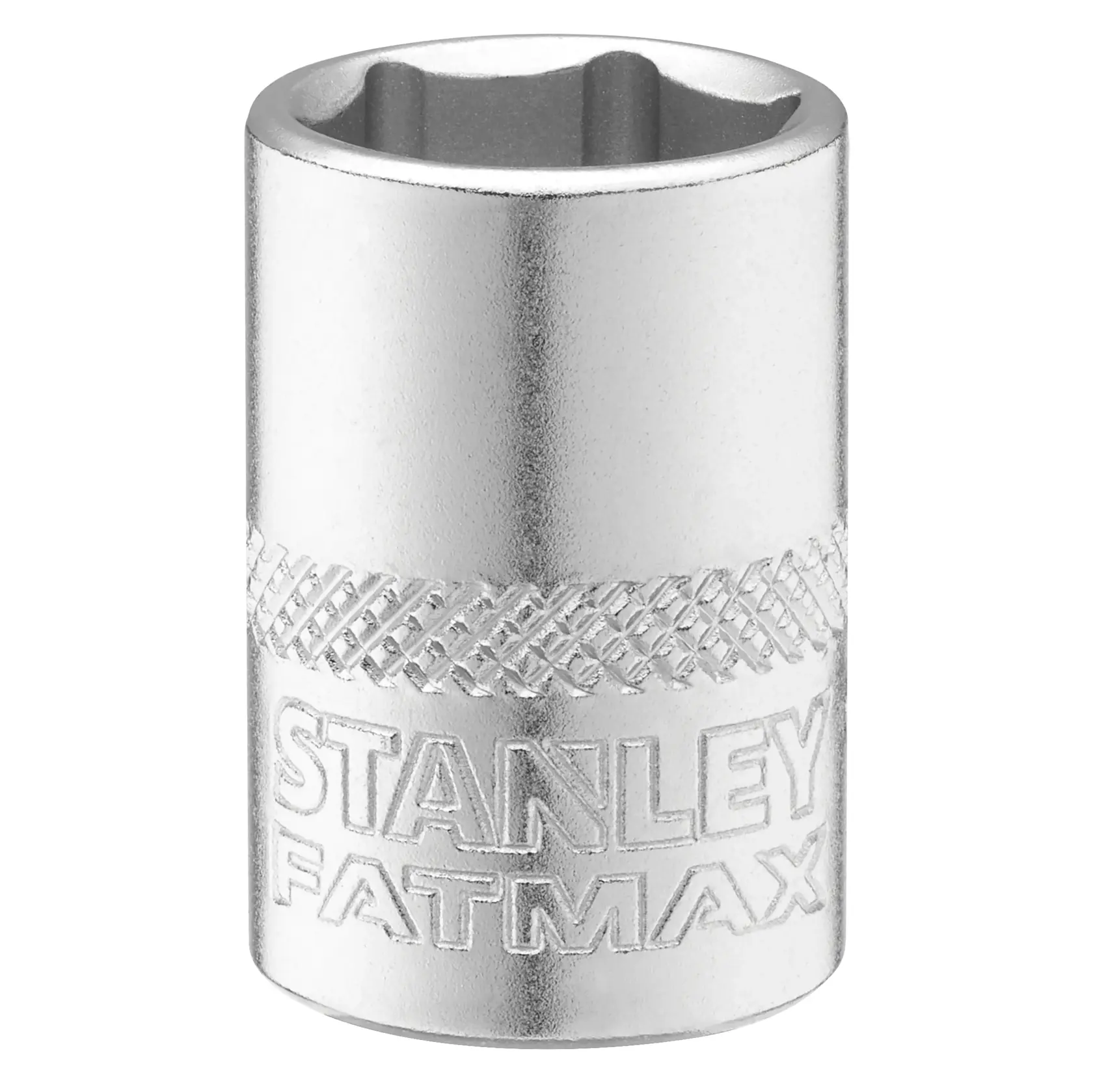 Photo of STANLEY FMMT17212-0 socket with knurled grip and embossed branding, front angle, silver finish.