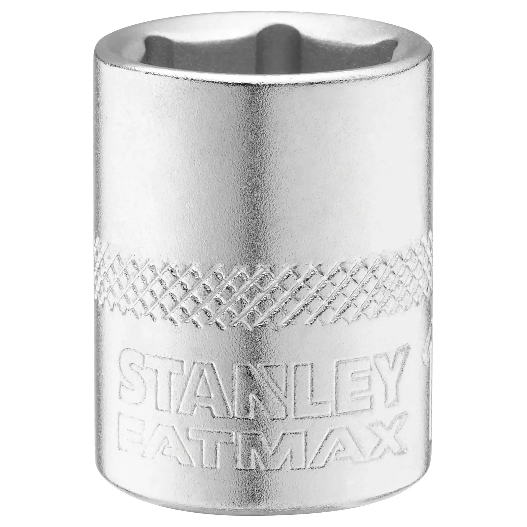 STANLEY FMMT17214-0 chrome socket with knurled band, product photo on white background.