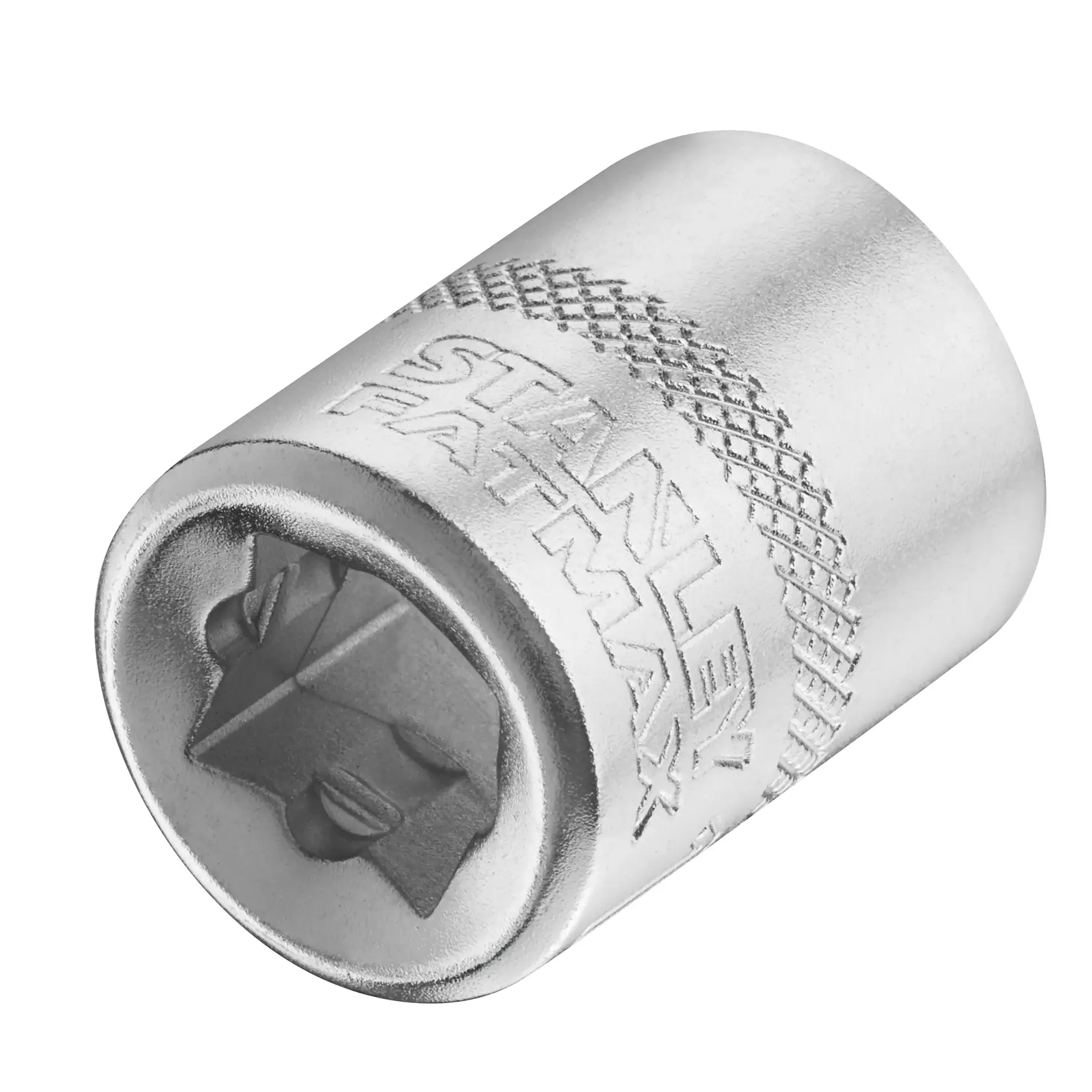 Photo of STANLEY FMMT17214-0 chrome socket, knurled grip, STANLEY FATMAX branding, product photography, angled view.