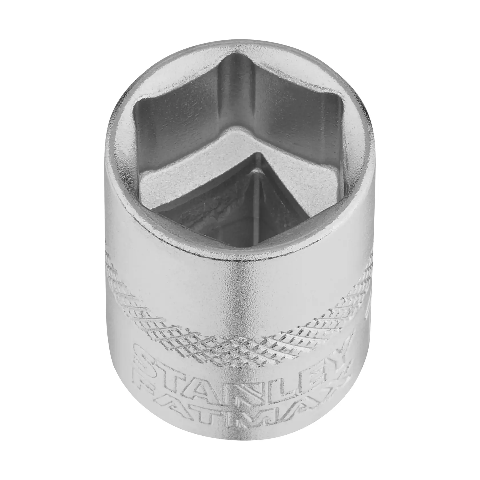 STANLEY FMMT17215-0 chrome socket, hexagonal, close-up, white background, hand tool accessory.