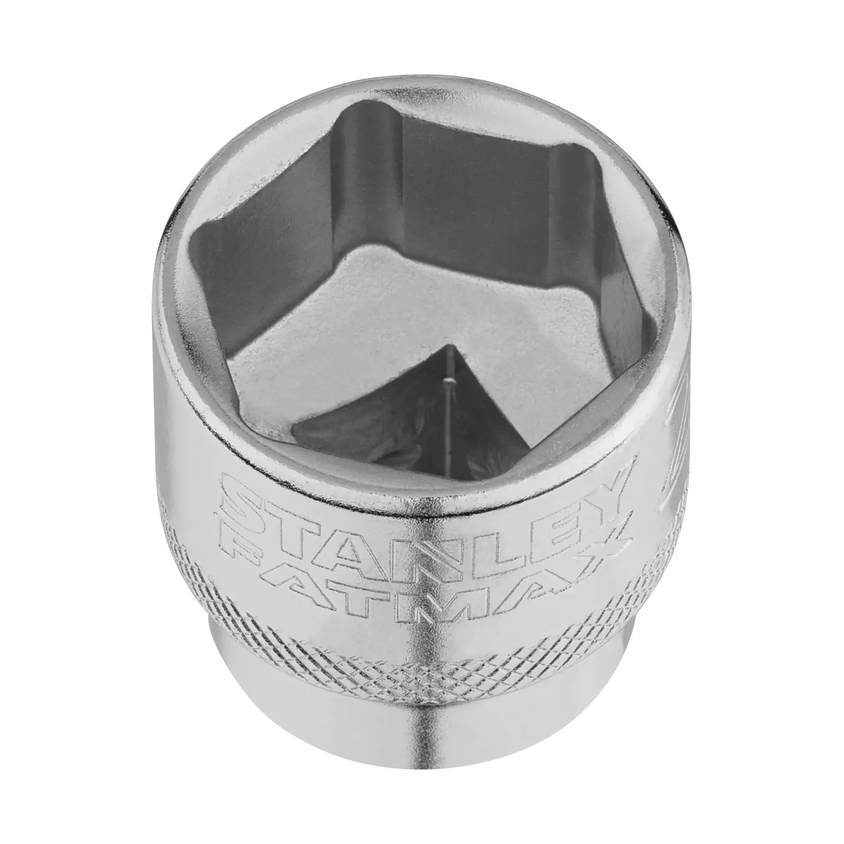 STANLEY FMMT17221-0 chrome socket with knurled grip, top angle, hand tool accessory.