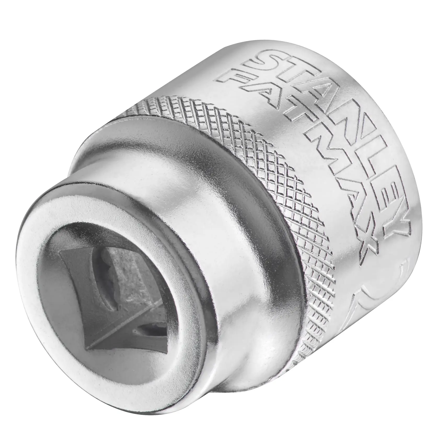 STANLEY FMMT17221-0 chrome socket, close-up angled on white background, knurled grip and FATMAX logo visible.