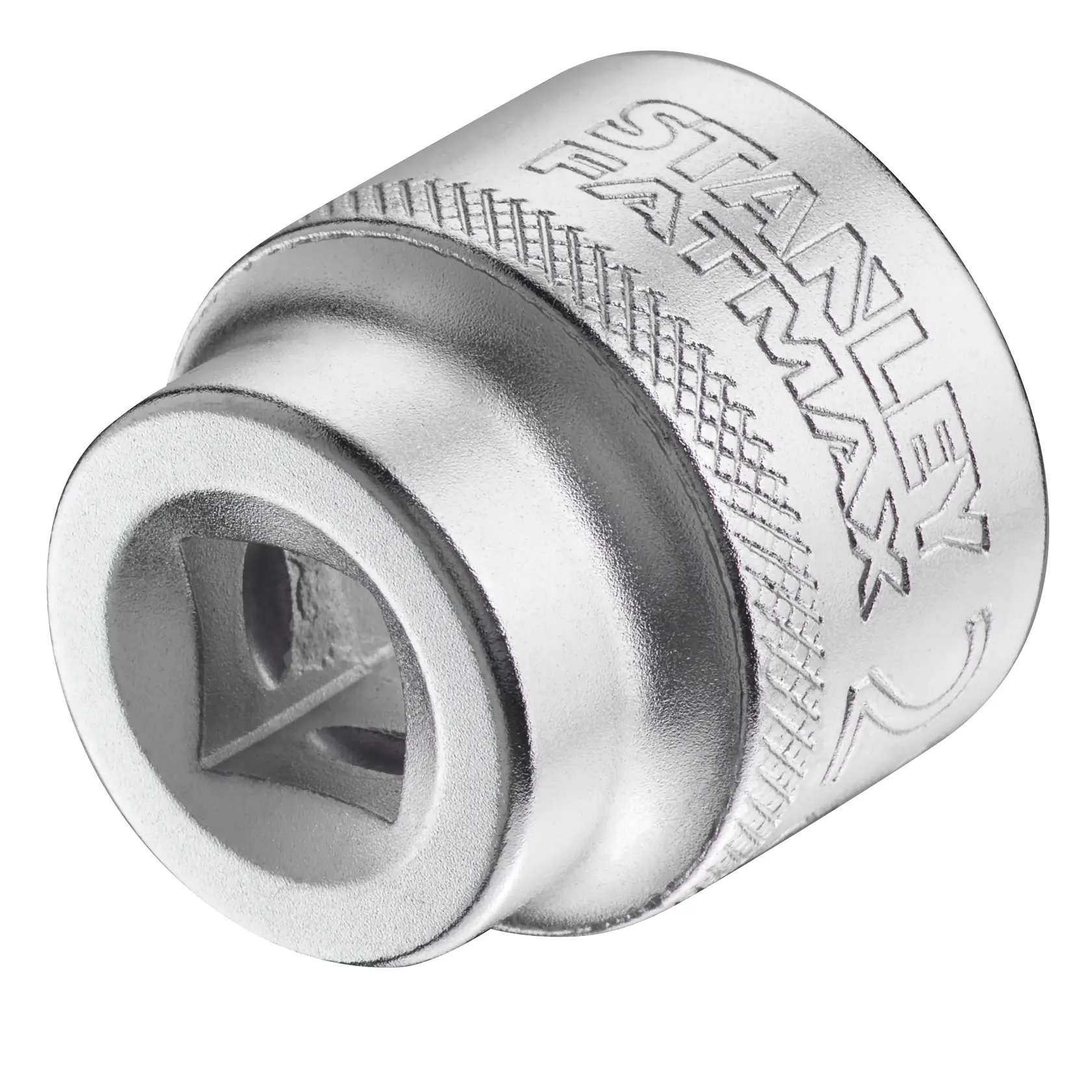 STANLEY FMMT17222-0 chrome socket adapter, knurled grip, photography, angled on white background.
