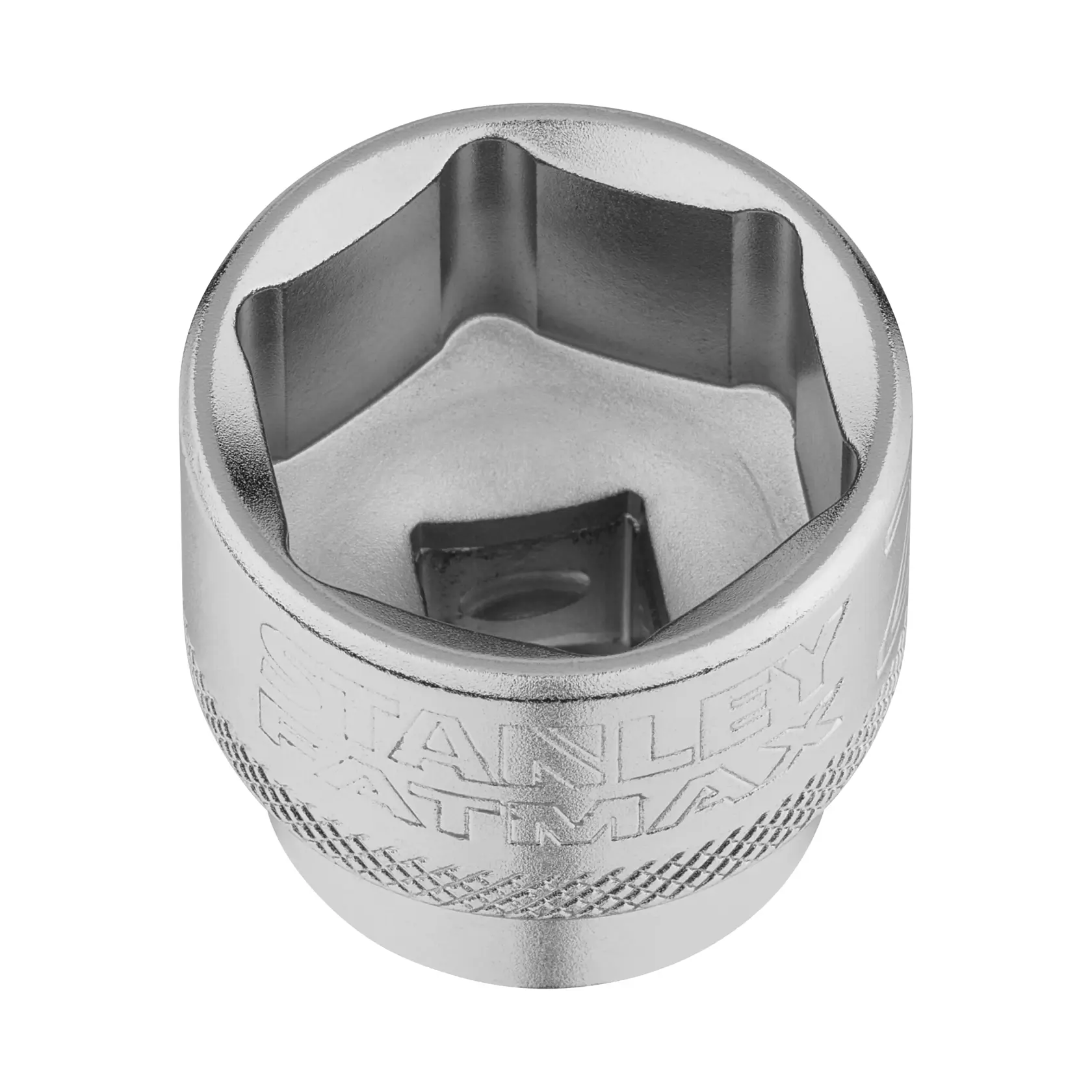 STANLEY FMMT17224-0 chrome socket, hexagonal shape, engraved branding, shown from above on white background.