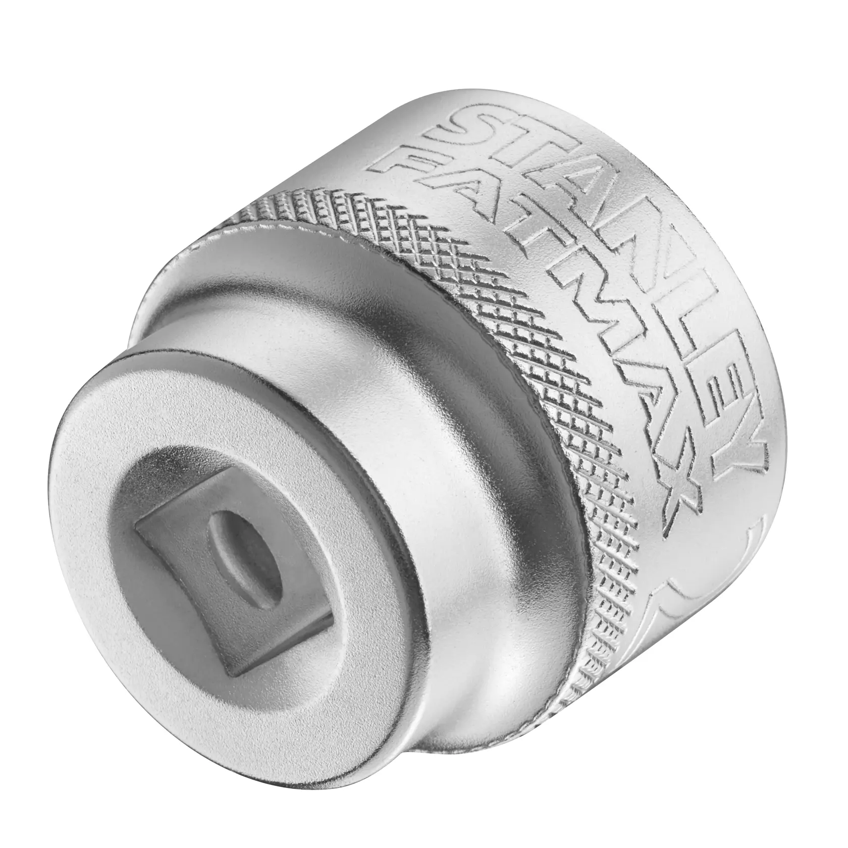 Photo of STANLEY FMMT17224-0 socket adaptor, silver metal, angled view, knurled grip, FATMAX branding visible.