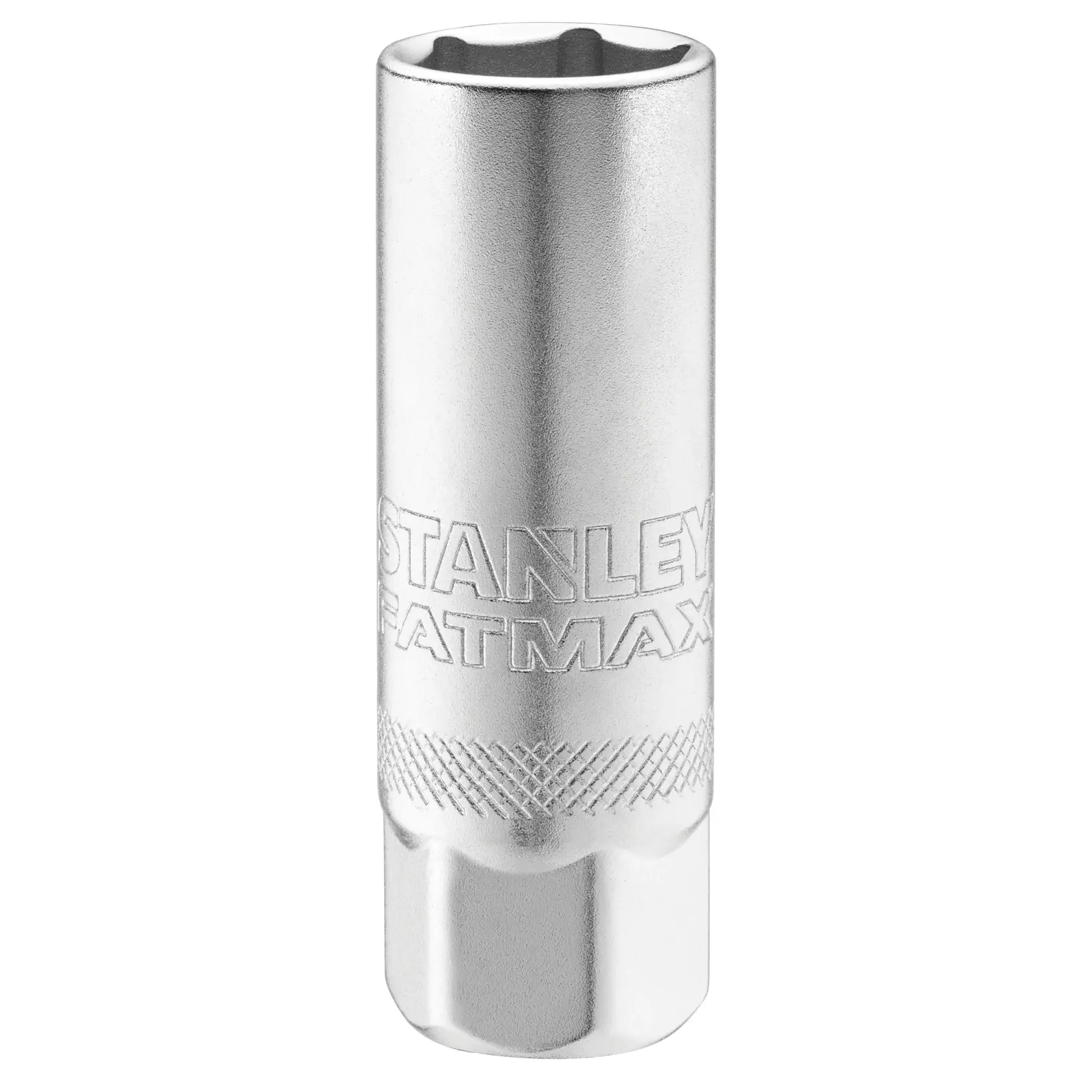 STANLEY FMMT17225-0 chrome socket tool, engraved logo, front angle, on white background.