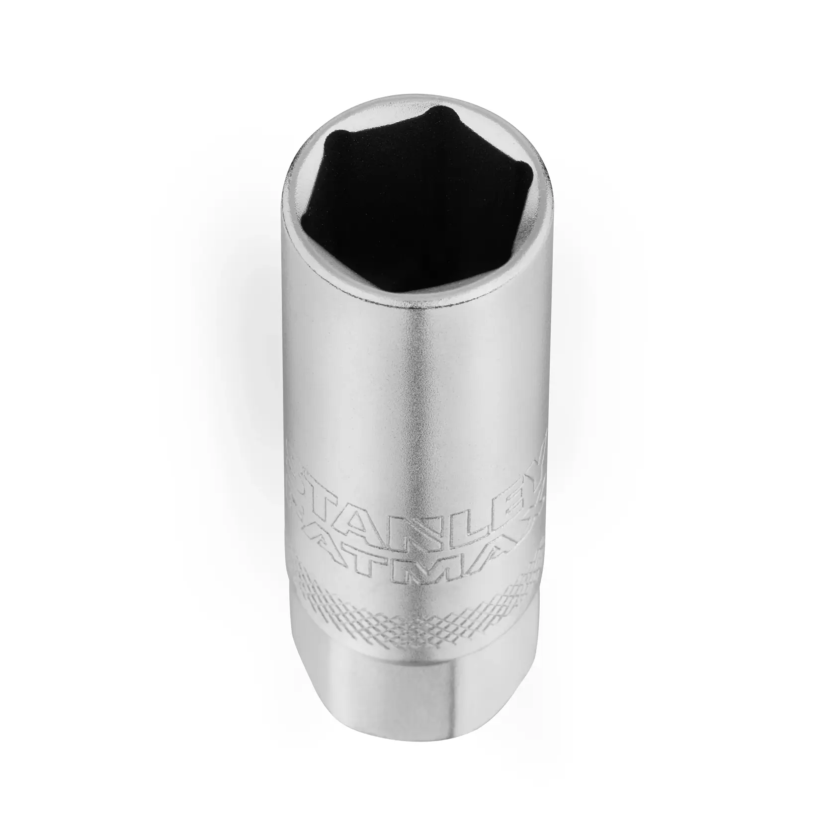 STANLEY FMMT17225-0 silver socket tool, hexagonal opening, photography, top angle, white background.