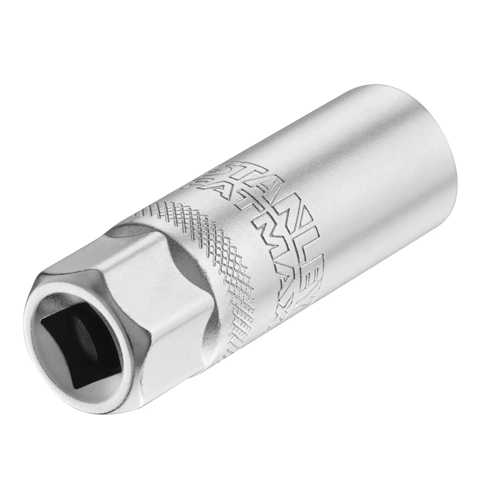 STANLEY FMMT17225-0 silver socket tool, angled view, knurled grip, photography on white background.