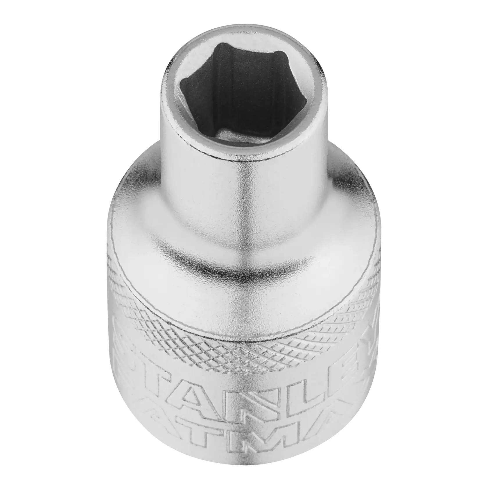 STANLEY FMMT17227-0 chrome socket, top angle, with knurled grip and engraved branding, hand tool accessory.