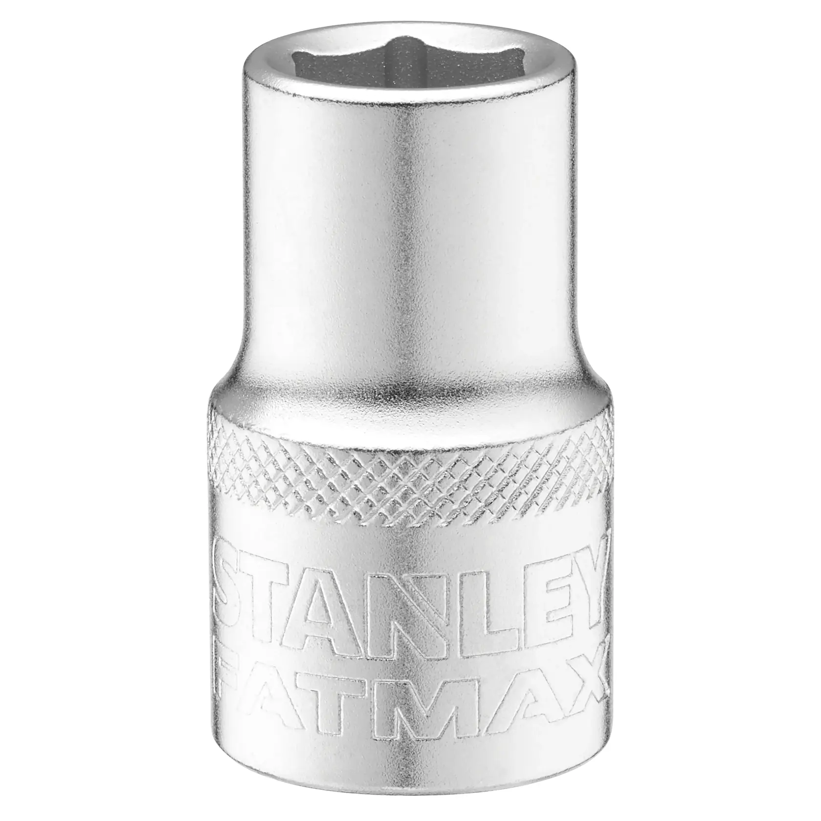 STANLEY FMMT17231-0 chrome socket with knurled grip, FATMAX branding, front angle, white background.