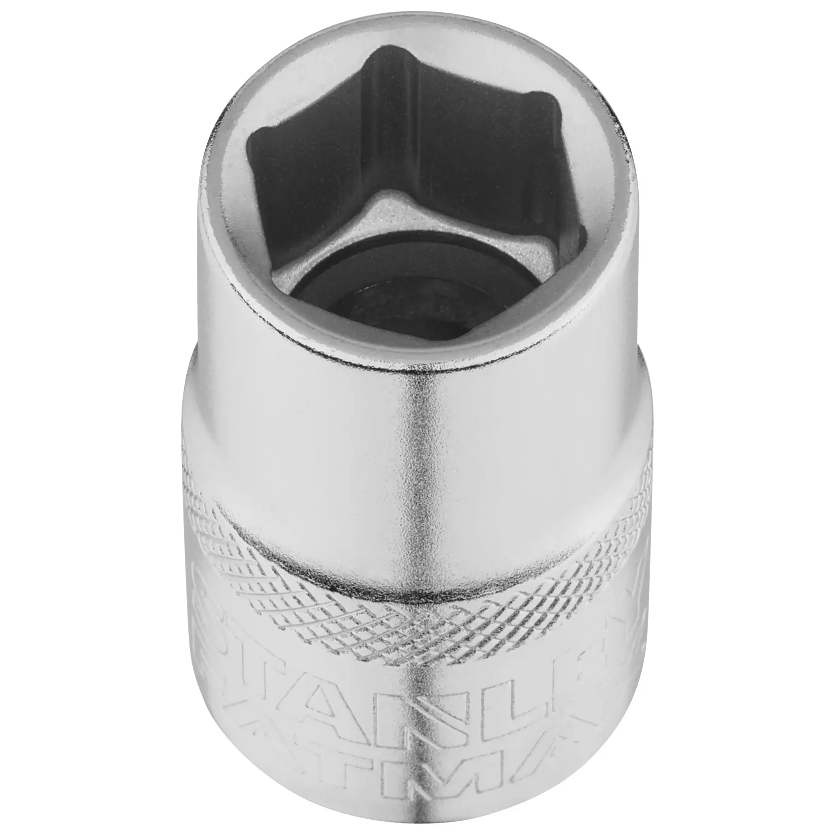 STANLEY FMMT17233-0 chrome socket, hexagonal design, close-up front angle, hand tool accessory.