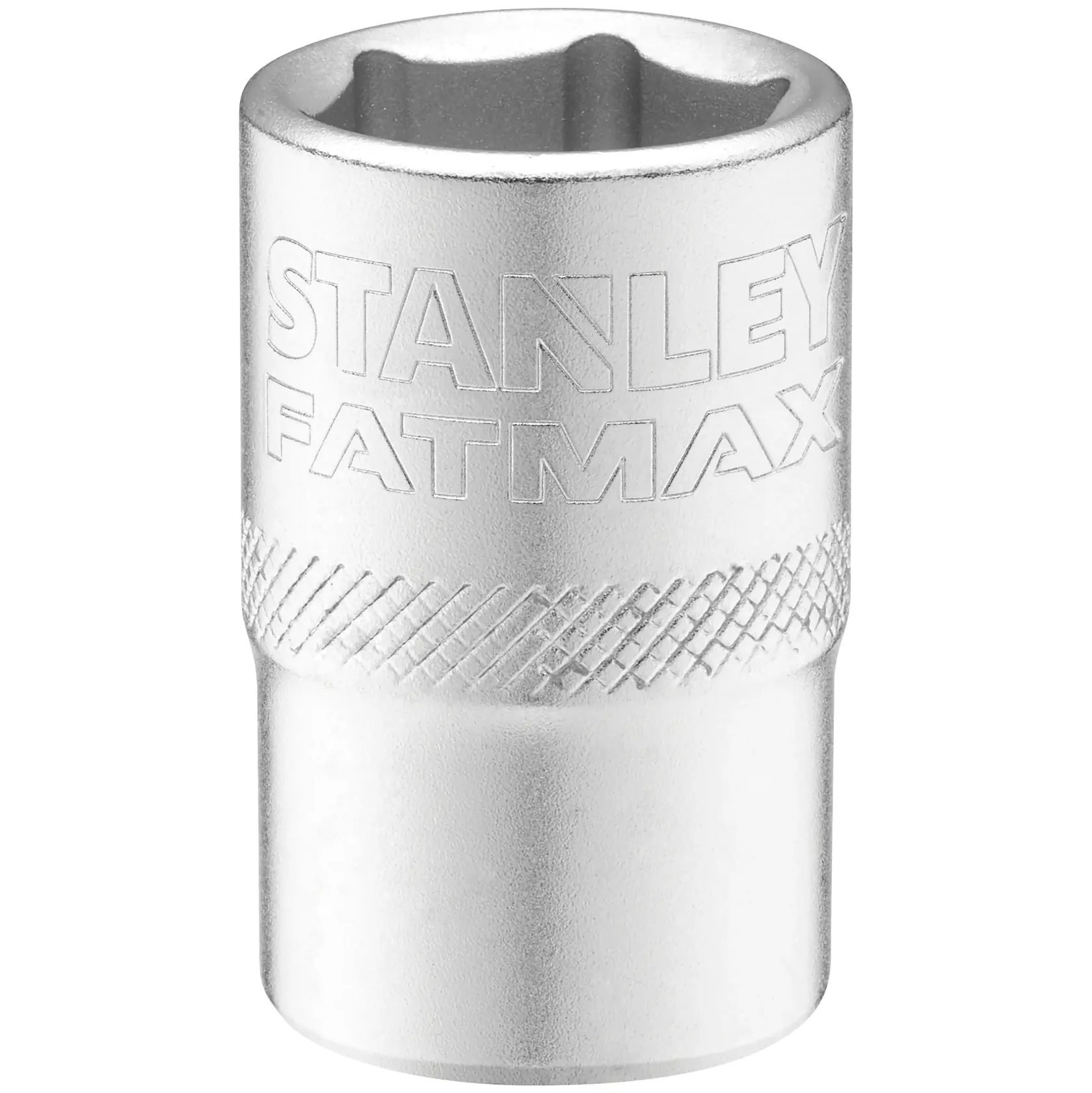 STANLEY FMMT17236-0 socket, chrome finish, STANLEY FATMAX branding, knurled grip, front angle, white background.