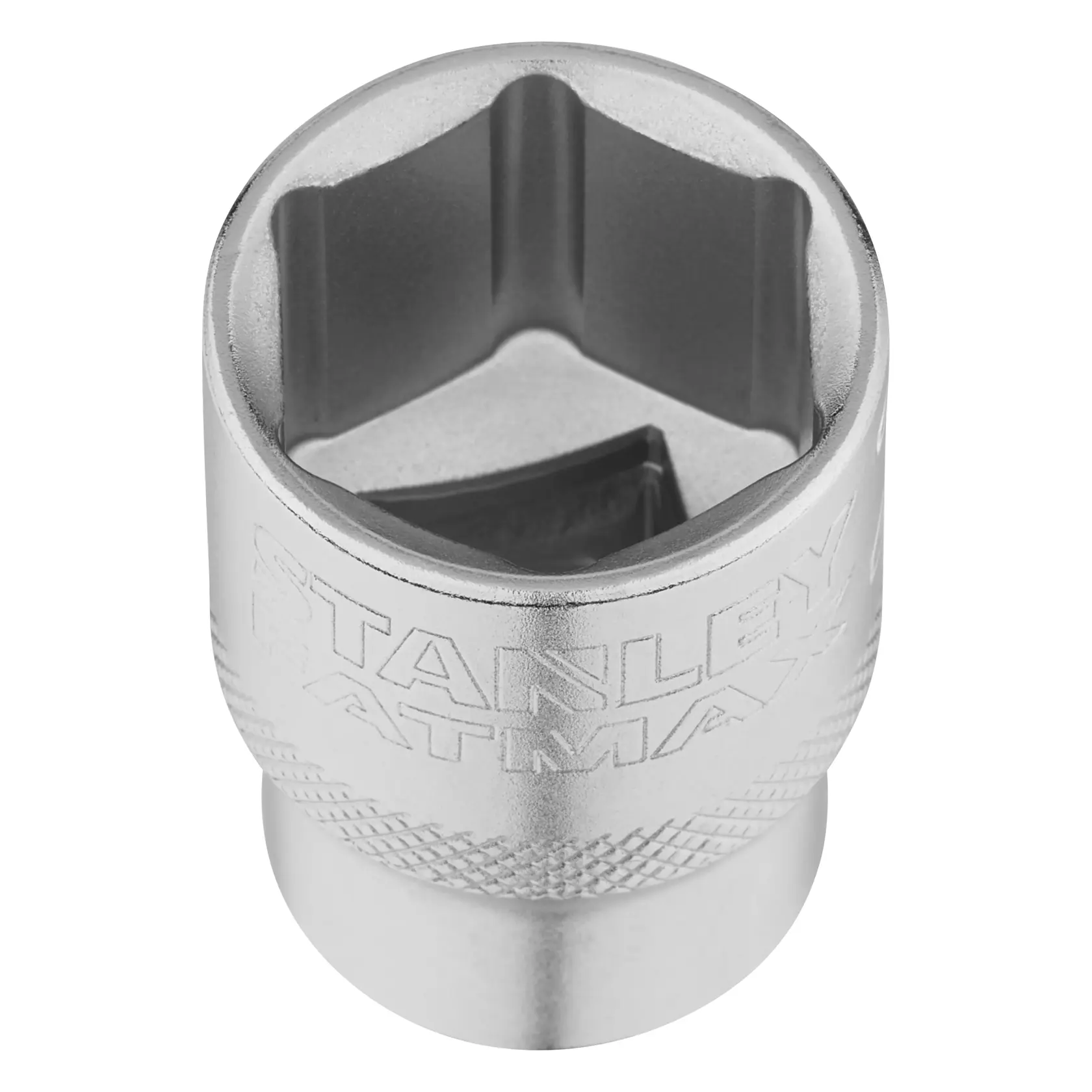 STANLEY FMMT17240-0 socket, chrome finish, close-up angle, with engraved branding, tool accessory.