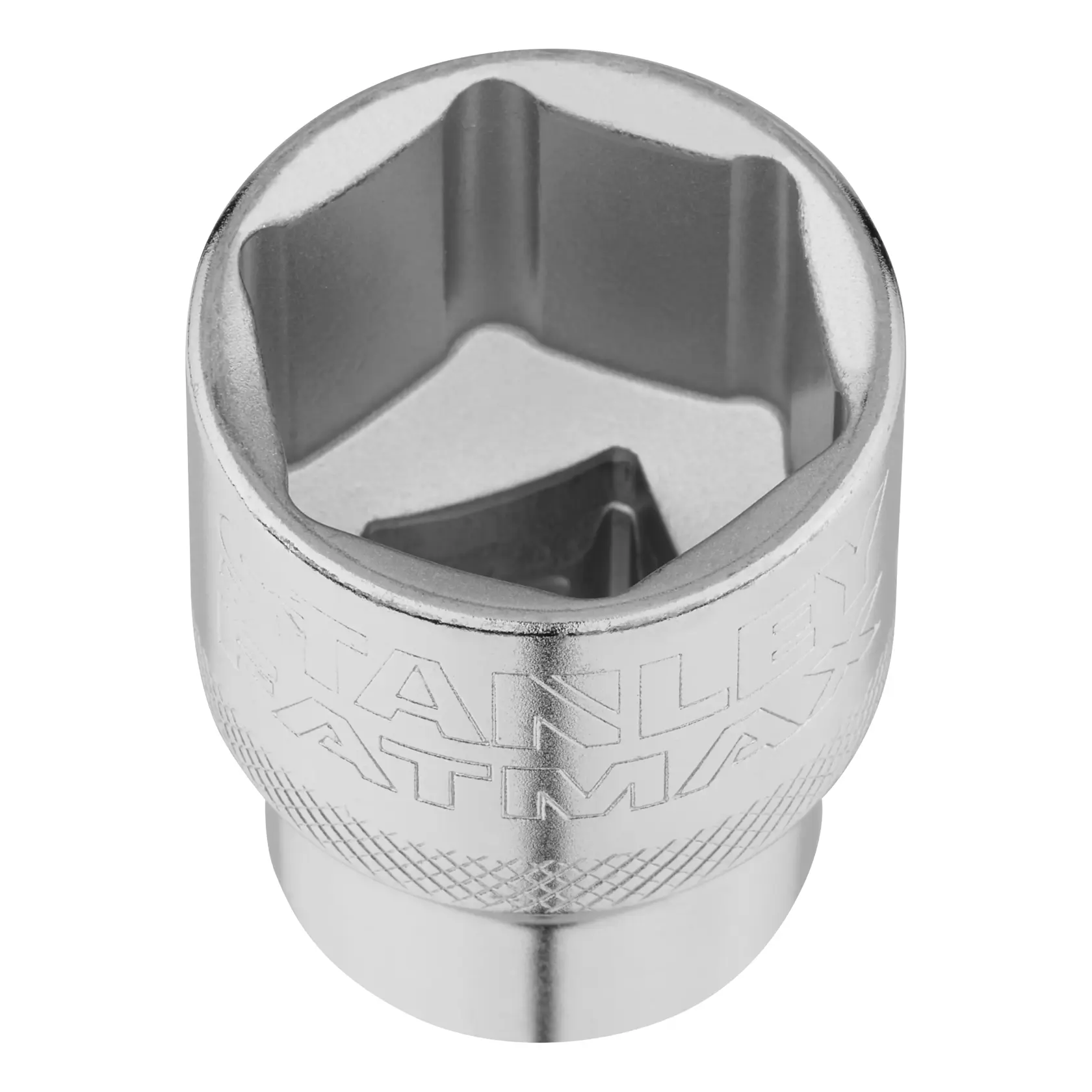 Photo of STANLEY FMMT17243-0 chrome socket, side angle, showing engraved branding and knurled grip.