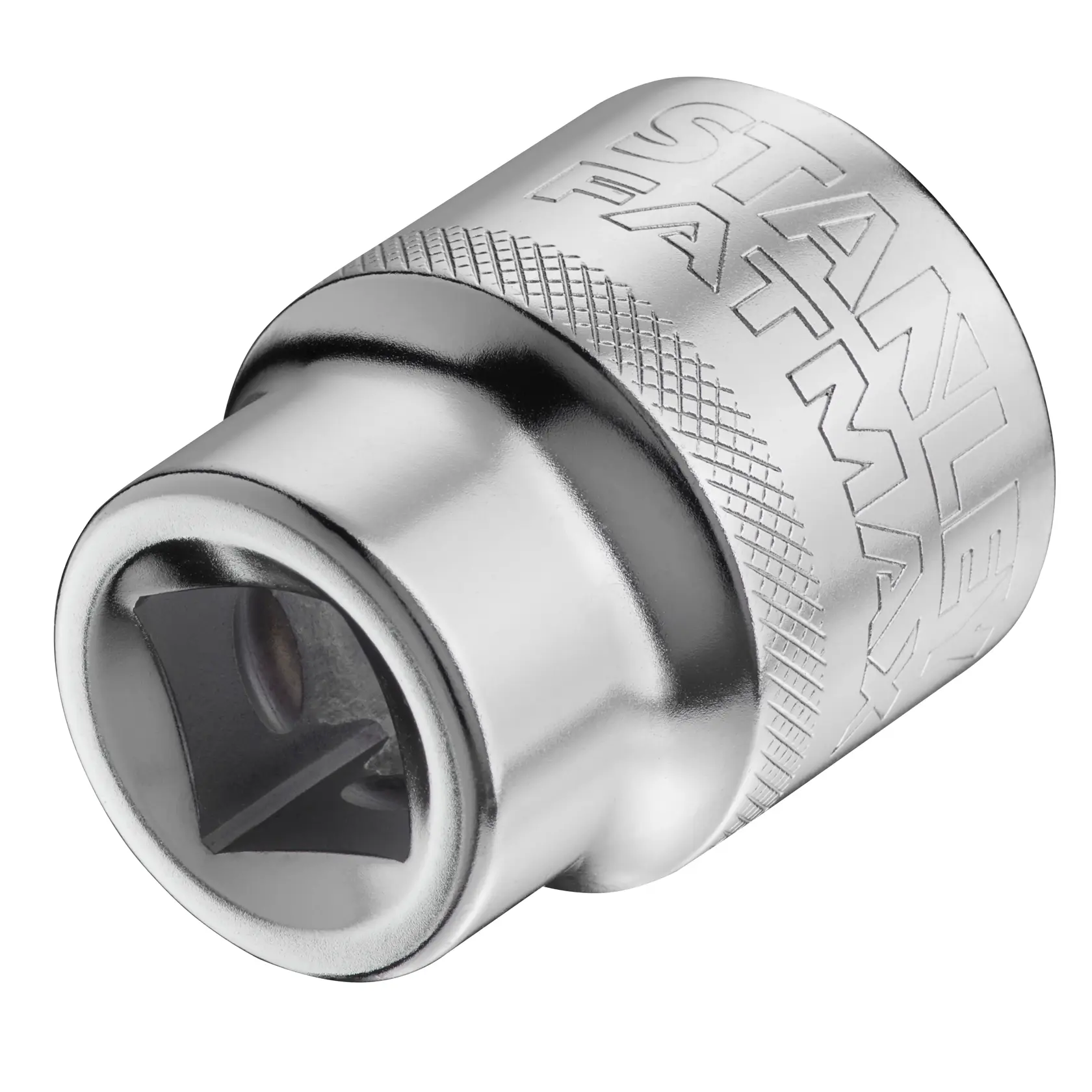 STANLEY FMMT17243-0 chrome socket adapter with knurled grip, close-up on white background, tool accessory.