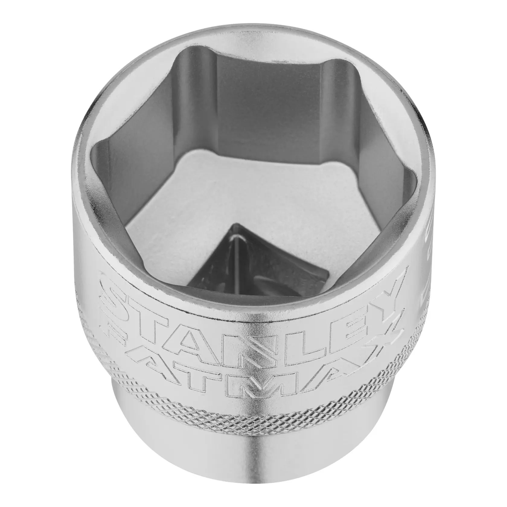 STANLEY FMMT17246-0 chrome socket, hex design, close-up of top angle, hand tool accessory.
