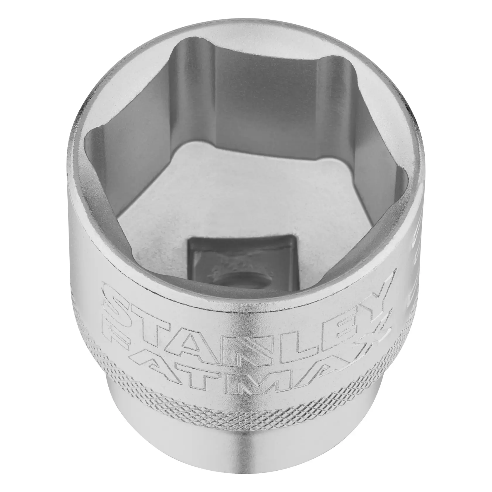 Photo of STANLEY FMMT17247-0 chrome socket, embossed branding, photographed from top angle on white background.