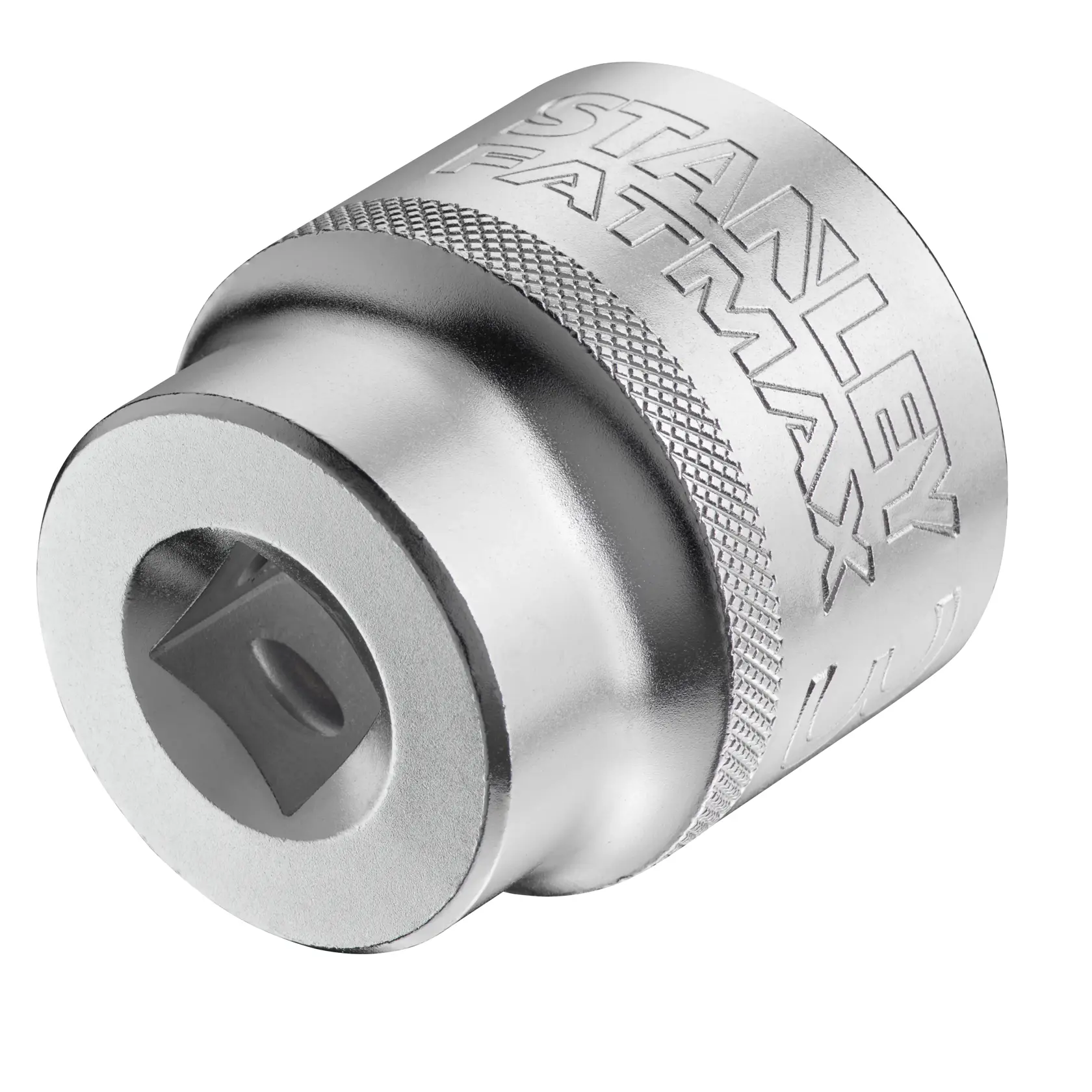 STANLEY FMMT17247-0 chrome socket adapter, close-up, angled view on white background.
