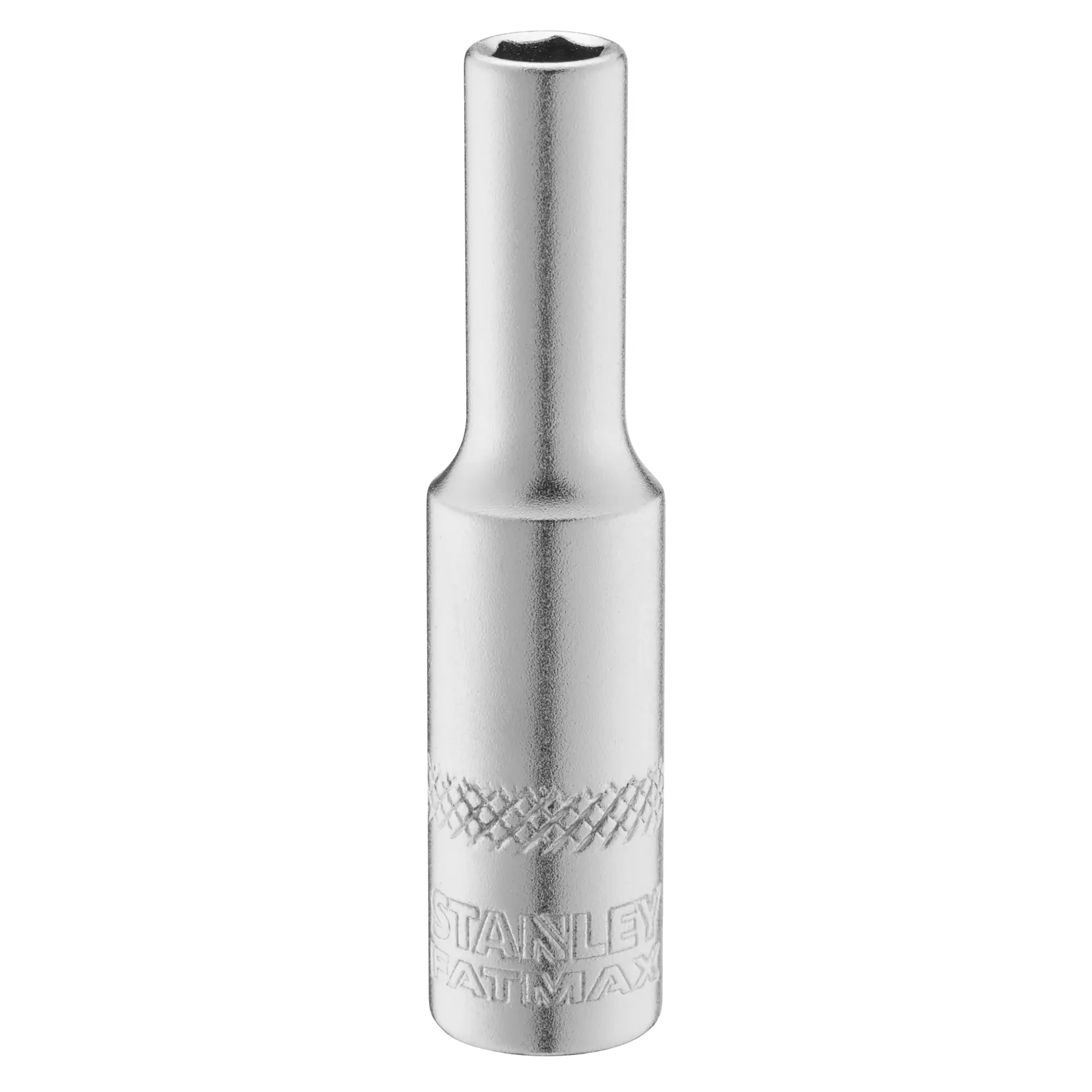 STANLEY FMMT17249-0 chrome deep socket, hexagonal end, engraved branding, tool photography, front angle.