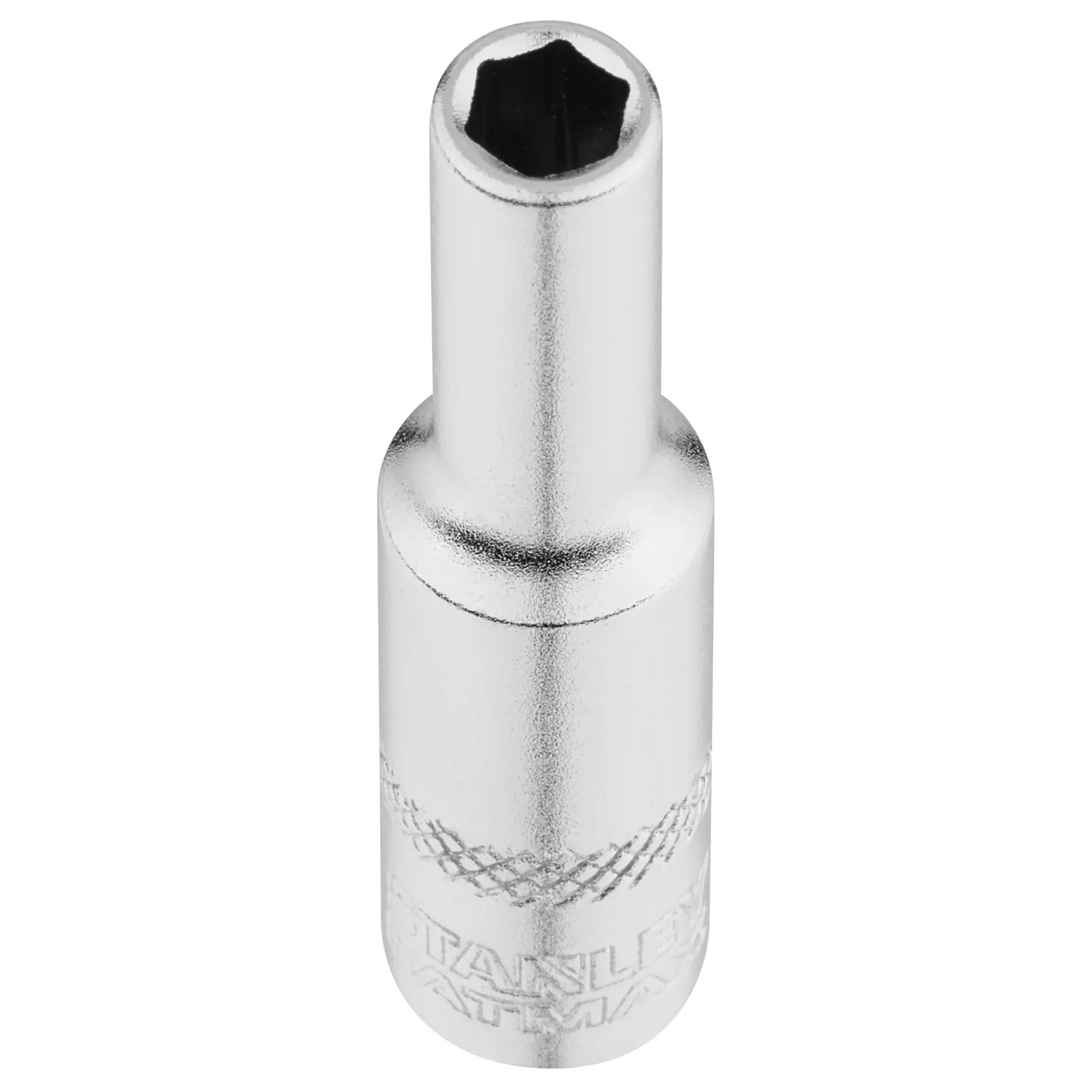STANLEY FMMT17249-0 chrome long socket, hex design, shown upright on white background, hand tool.