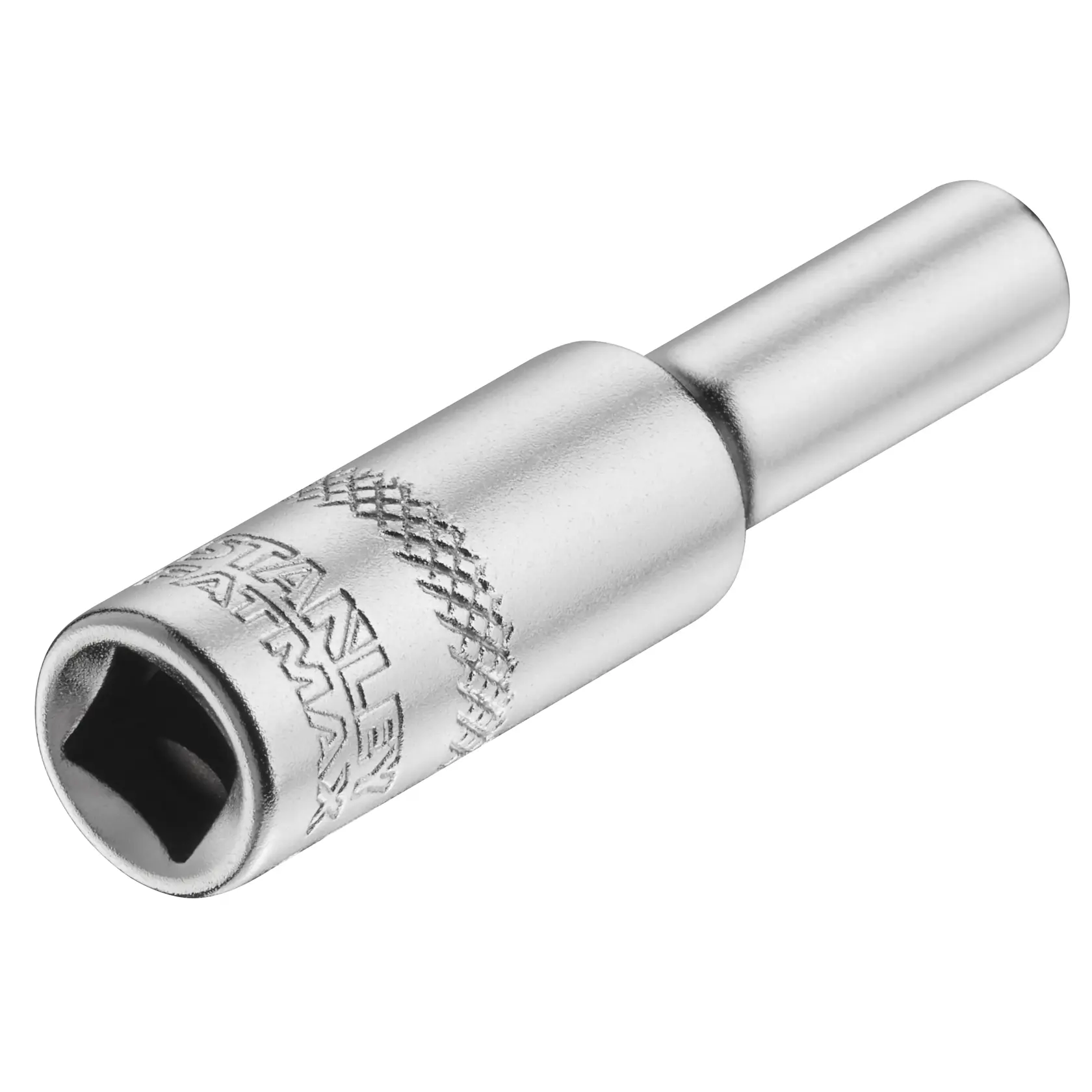 STANLEY FMMT17249-0 socket adapter, silver metal, close-up angle, knurled grip, photography.