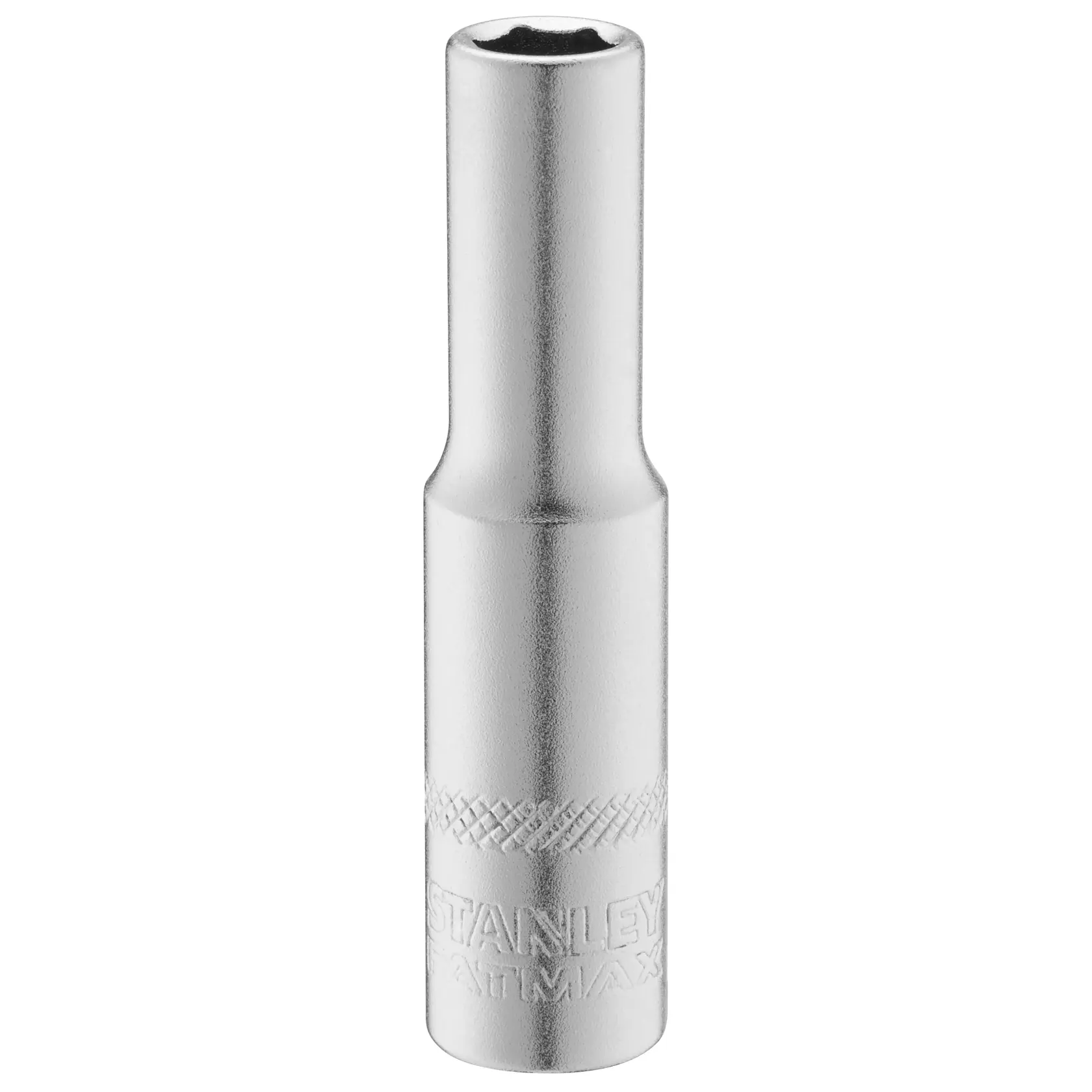 STANLEY FMMT17300-0 chrome deep socket, front angle, textured grip.