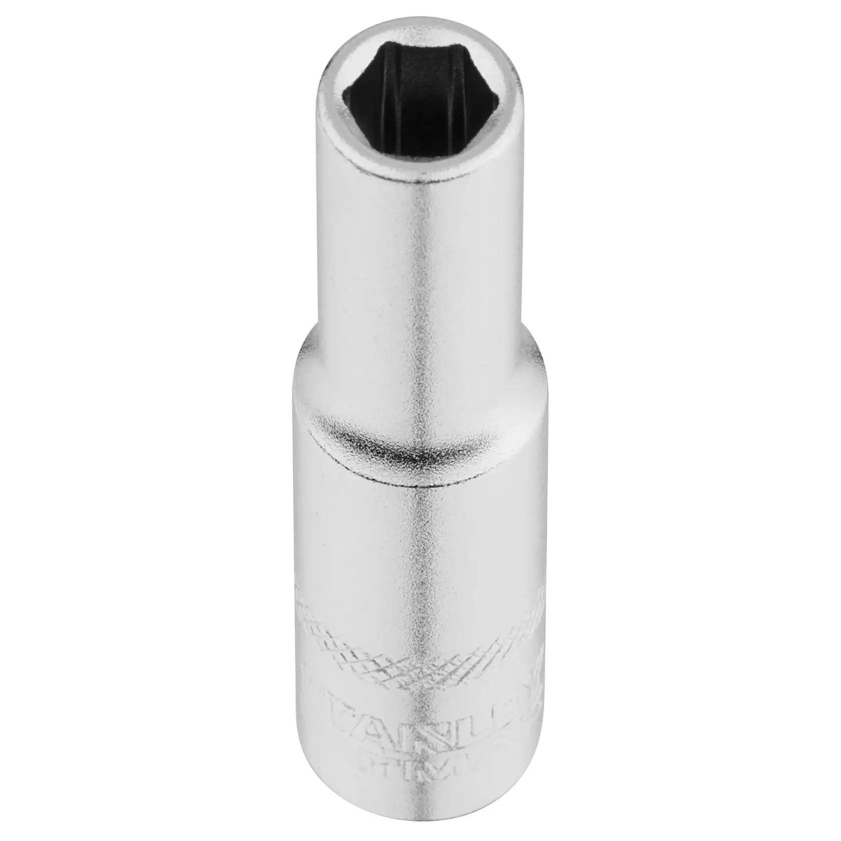 STANLEY FMMT17300-0 silver hex socket tool upright on white background, photography of socket.