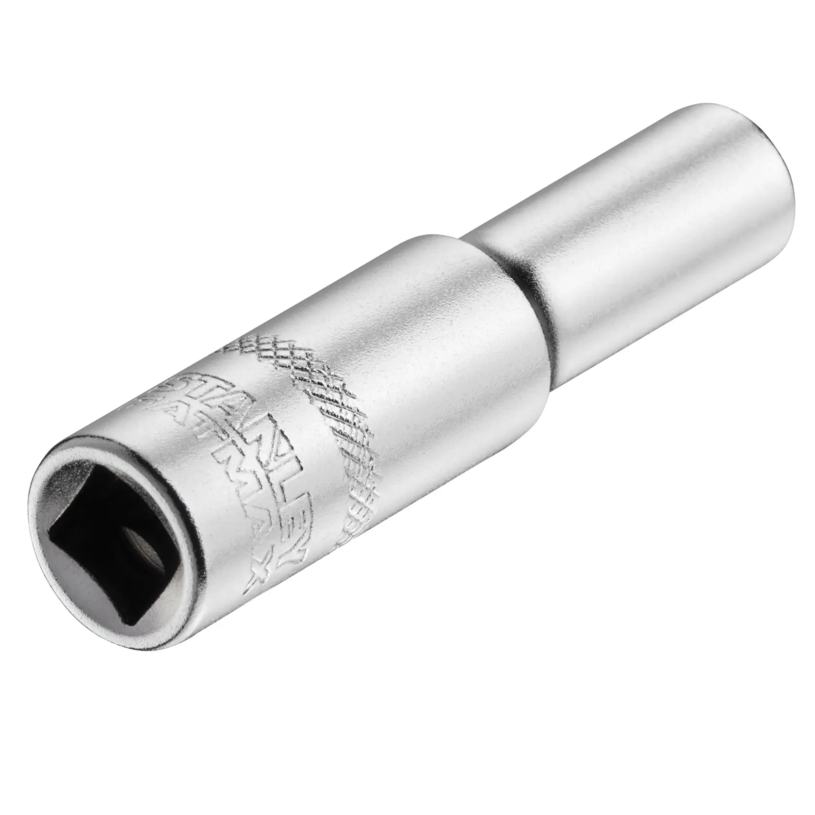 STANLEY FMMT17300-0 silver socket tool on white background, angled view, knurled grip, engraved logo.